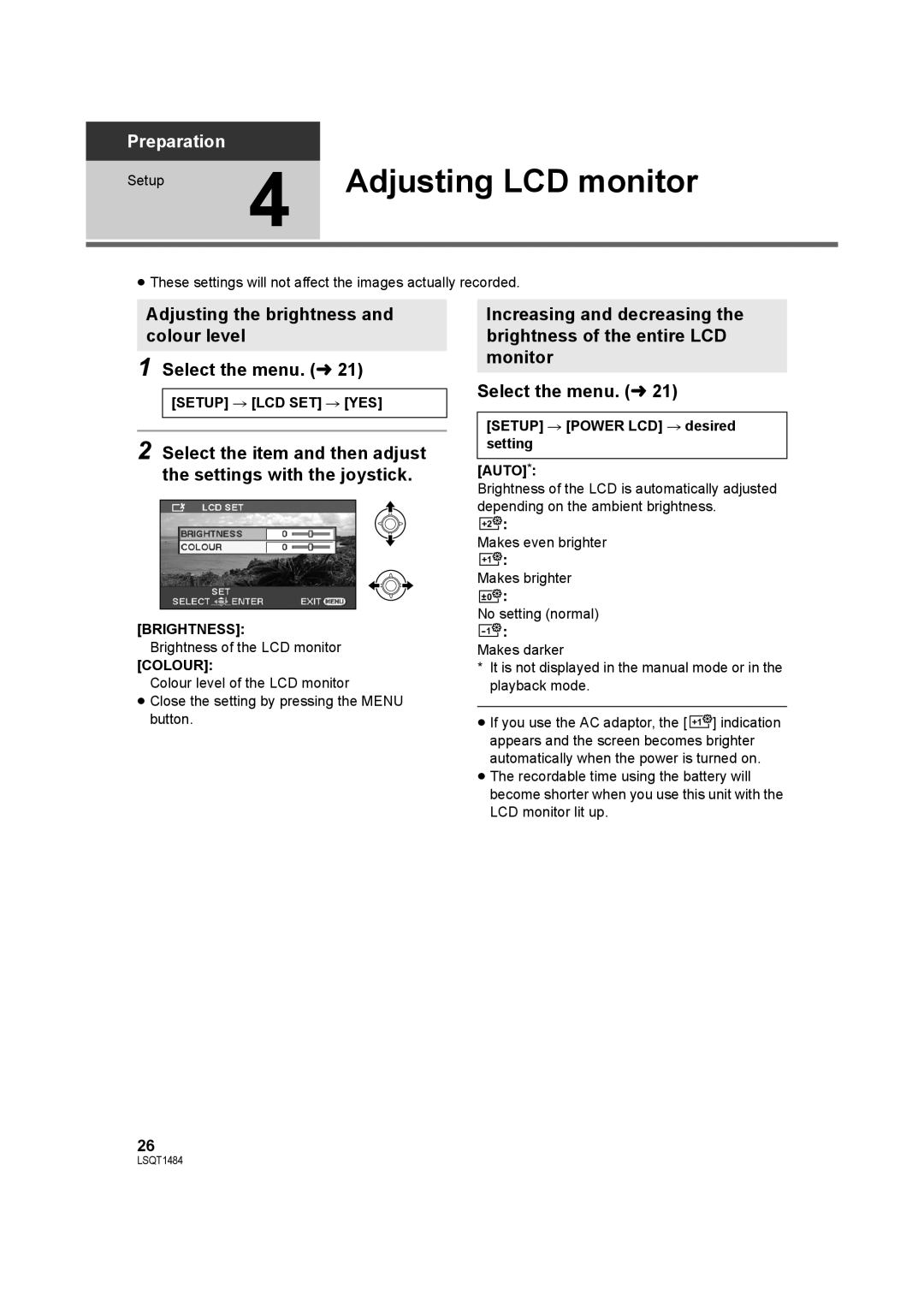 Panasonic SDR-H80 operating instructions Adjusting LCD monitor, Setup # LCD SET # YES, Brightness, Colour 