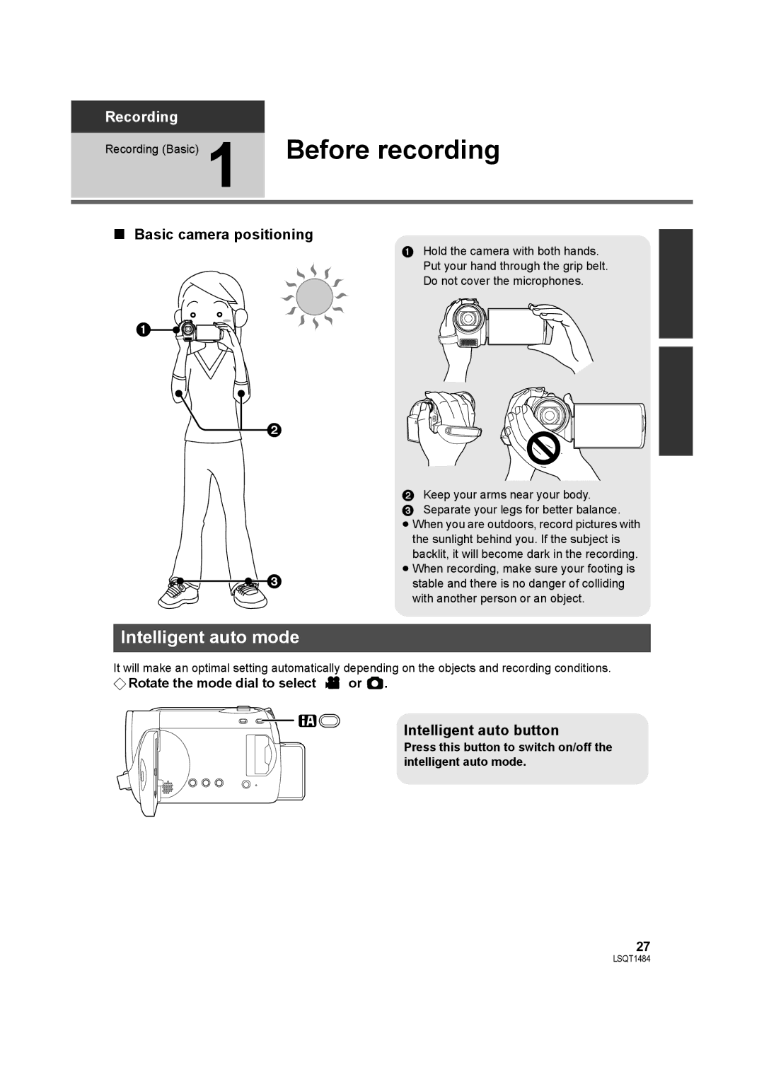 Panasonic SDR-H80 Before recording, Intelligent auto mode, Basic camera positioning, Intelligent auto button 