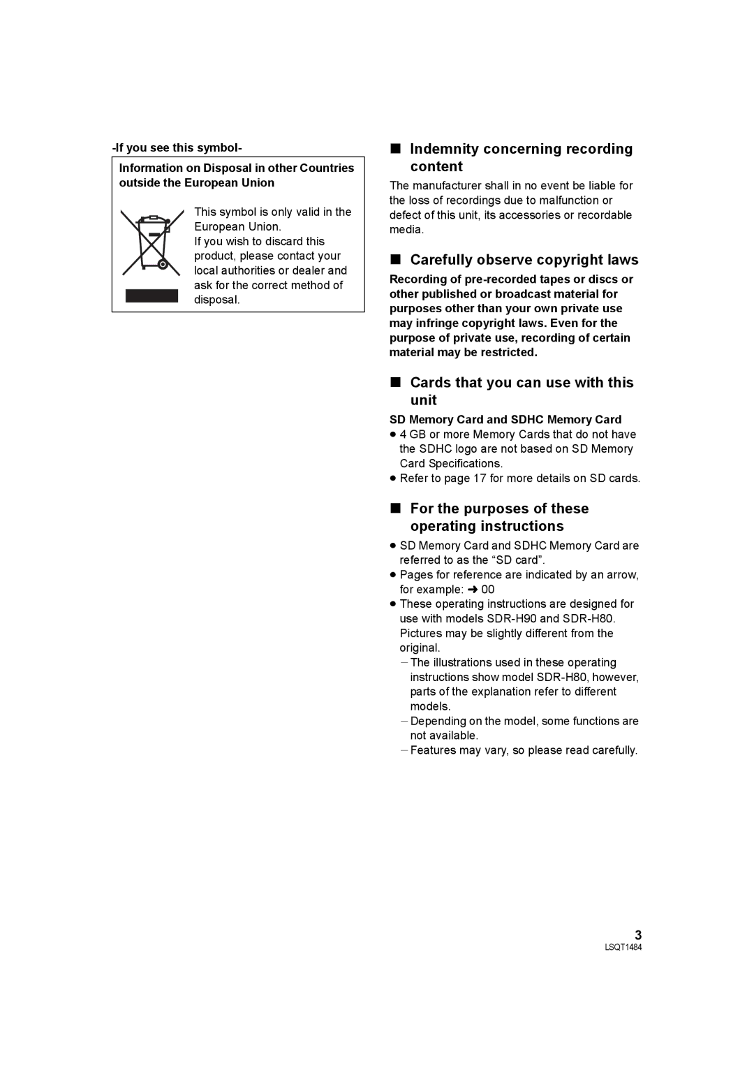 Panasonic SDR-H80 operating instructions Indemnity concerning recording content, Carefully observe copyright laws 