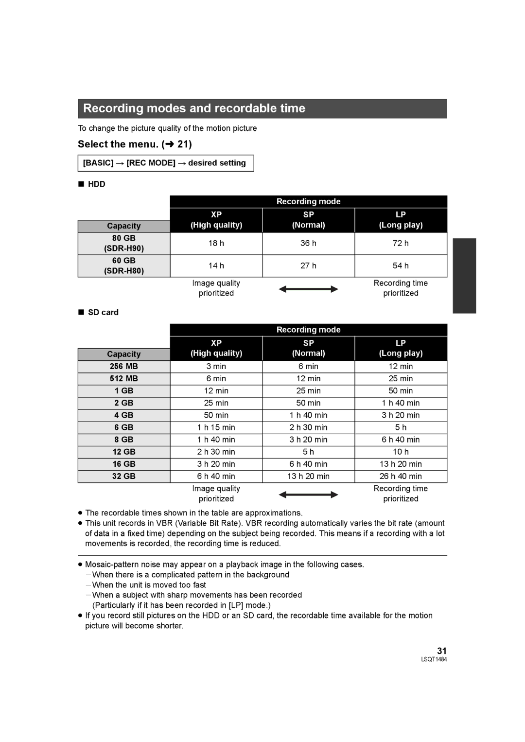 Panasonic SDR-H80 operating instructions Recording modes and recordable time, Hdd, High quality Normal Long play 