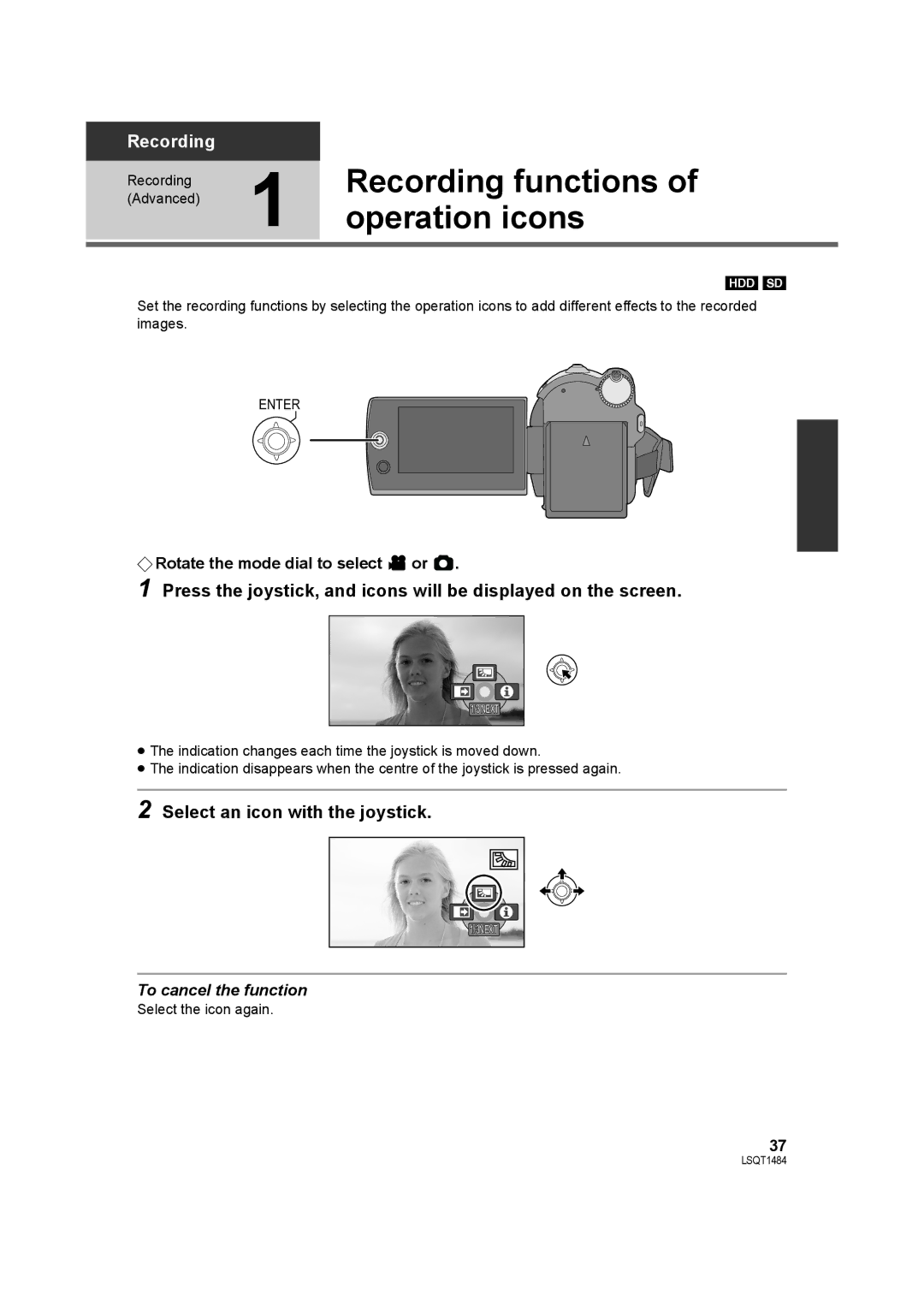 Panasonic SDR-H80 operating instructions Recording functions, Operation icons, Select an icon with the joystick 