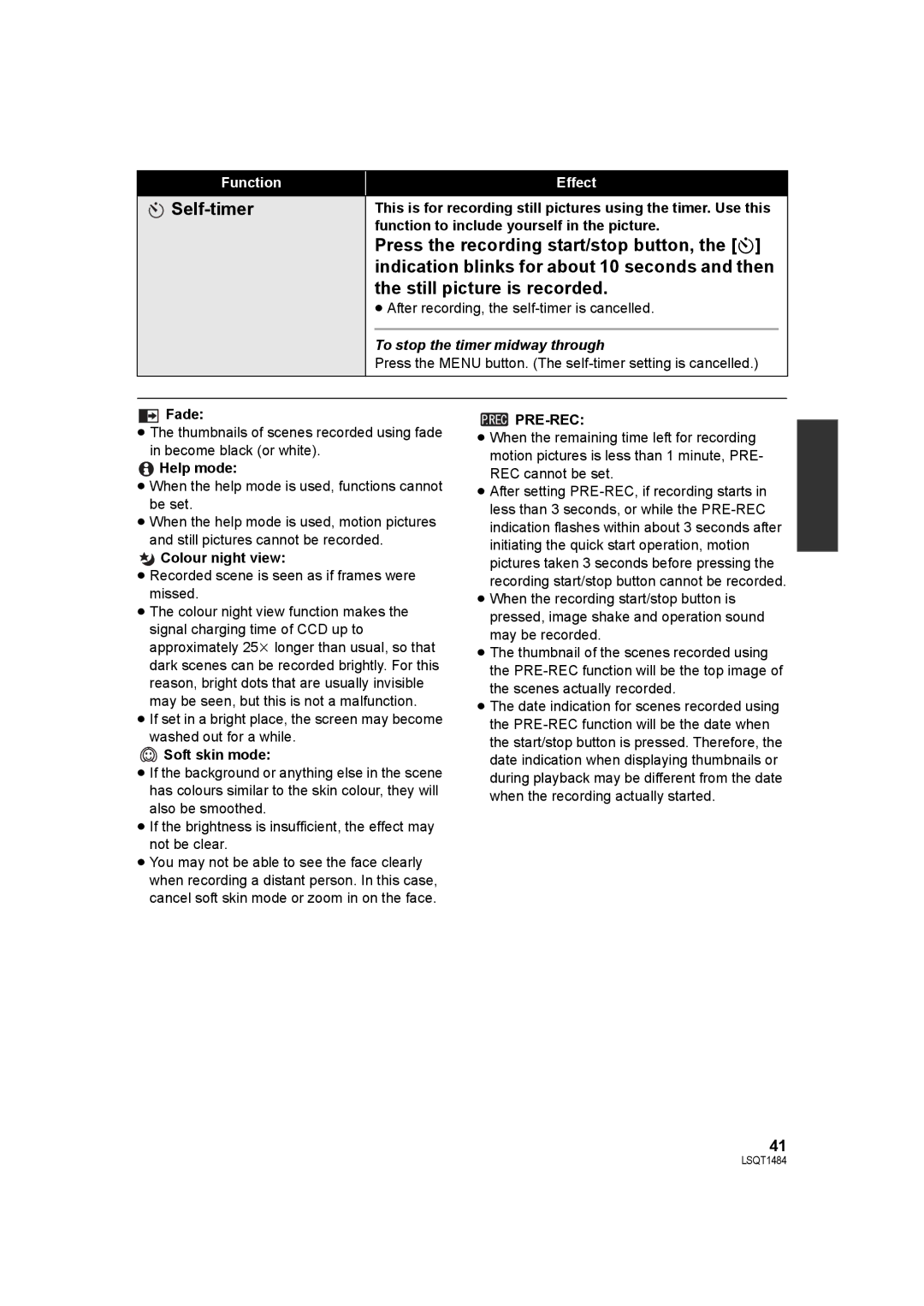 Panasonic SDR-H80 operating instructions Self-timer, To stop the timer midway through, Pre-Rec 