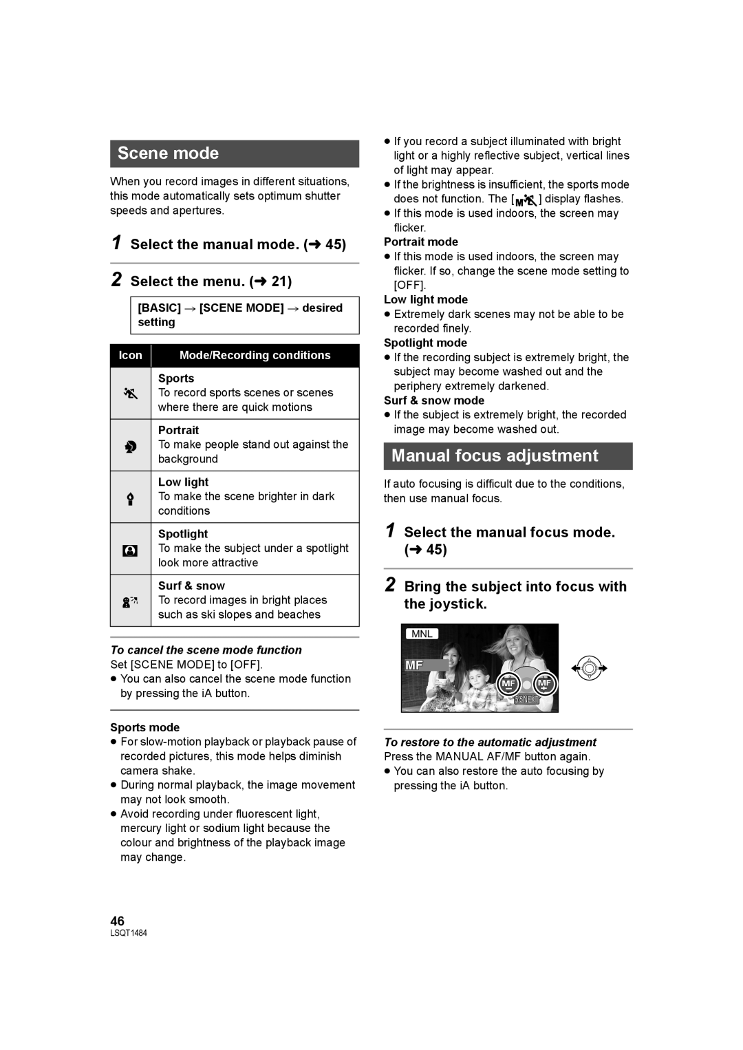 Panasonic SDR-H80 operating instructions Scene mode, Manual focus adjustment, Select the manual mode. l Select the menu. l 