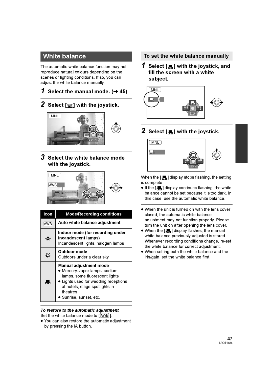 Panasonic SDR-H80 White balance, Select the manual mode. l Select with the joystick, Auto white balance adjustment 