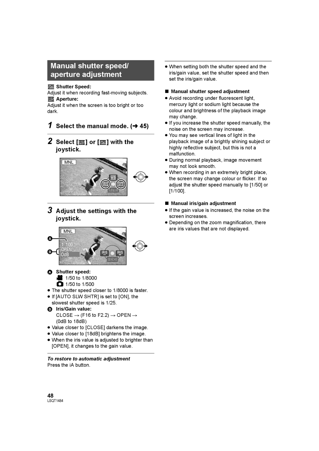 Panasonic SDR-H80 Manual shutter speed/ aperture adjustment, Select the manual mode. l Select or with the joystick 