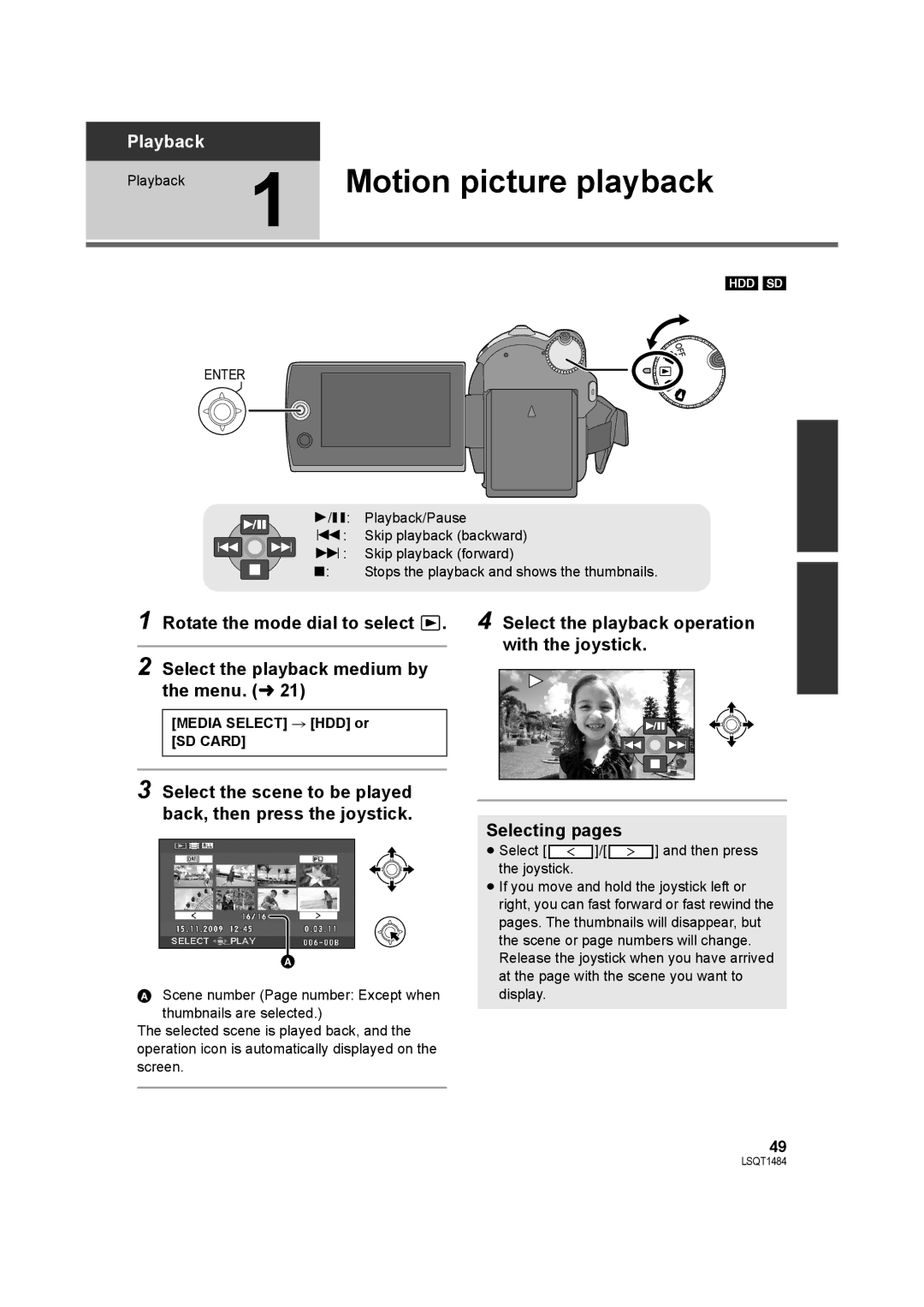 Panasonic SDR-H80 Motion picture playback, Select the scene to be played back, then press the joystick 