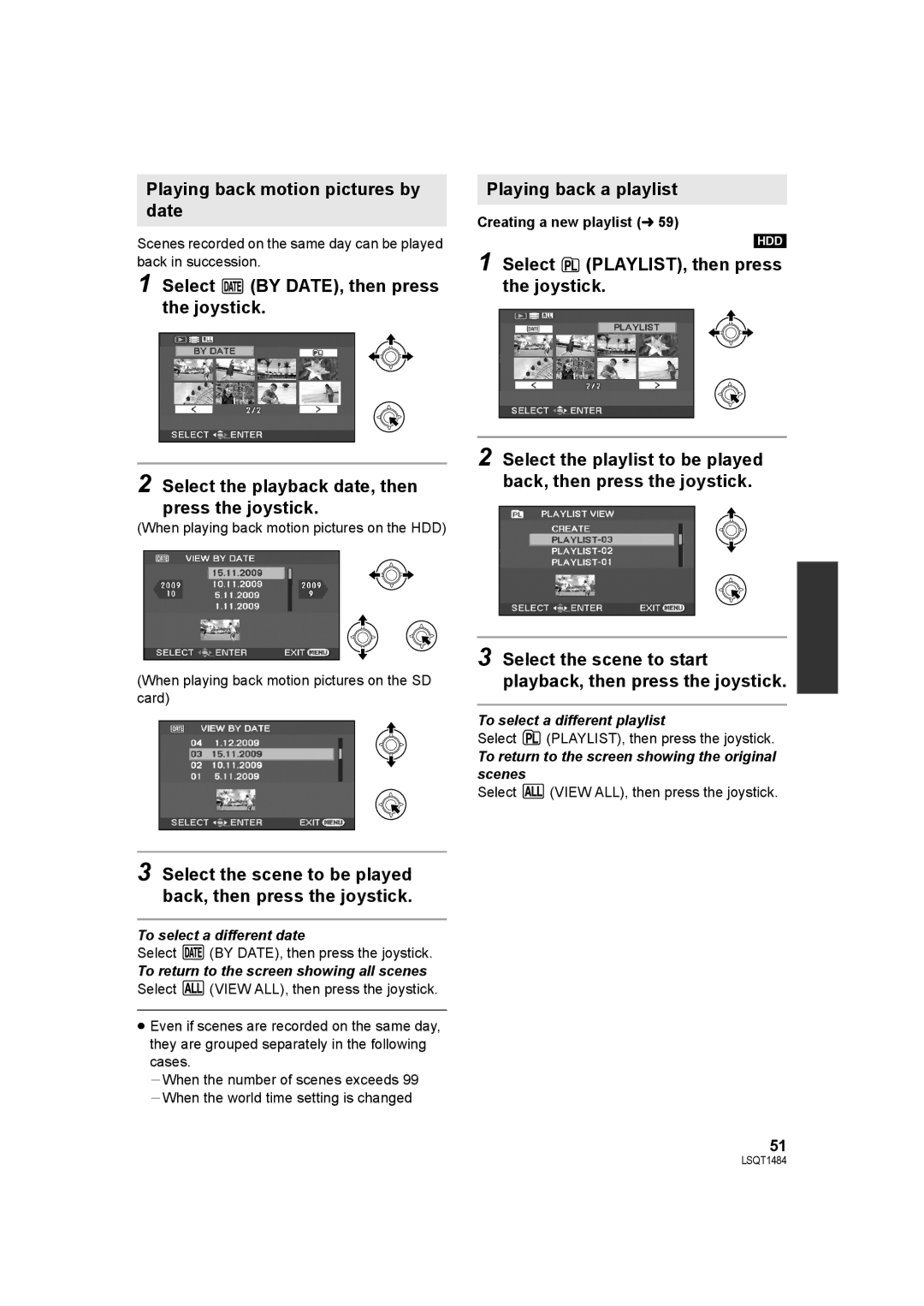 Panasonic SDR-H80 operating instructions Playing back motion pictures by date, Playing back a playlist 