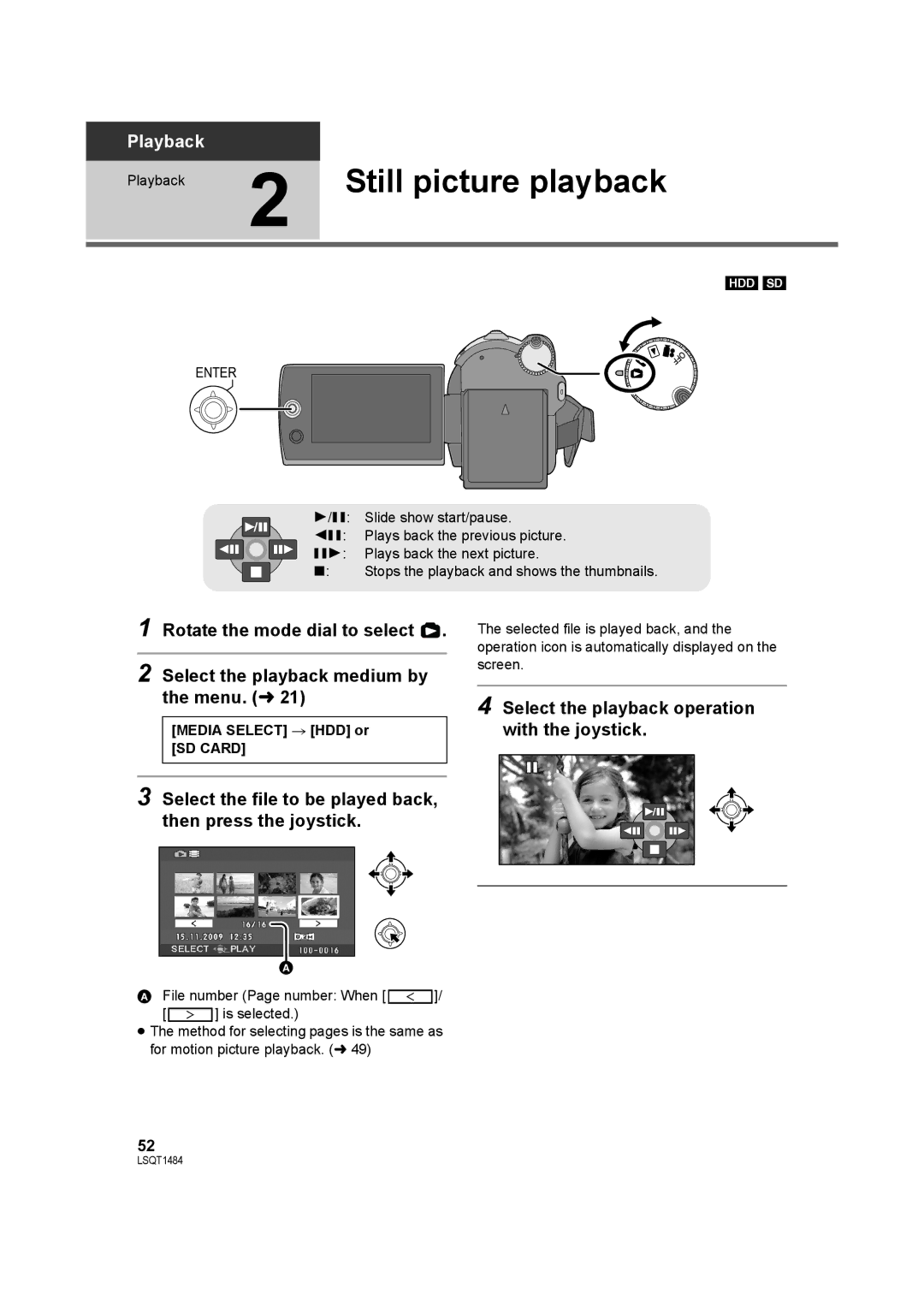 Panasonic SDR-H80 operating instructions Still picture playback, Select the file to be played back, then press the joystick 