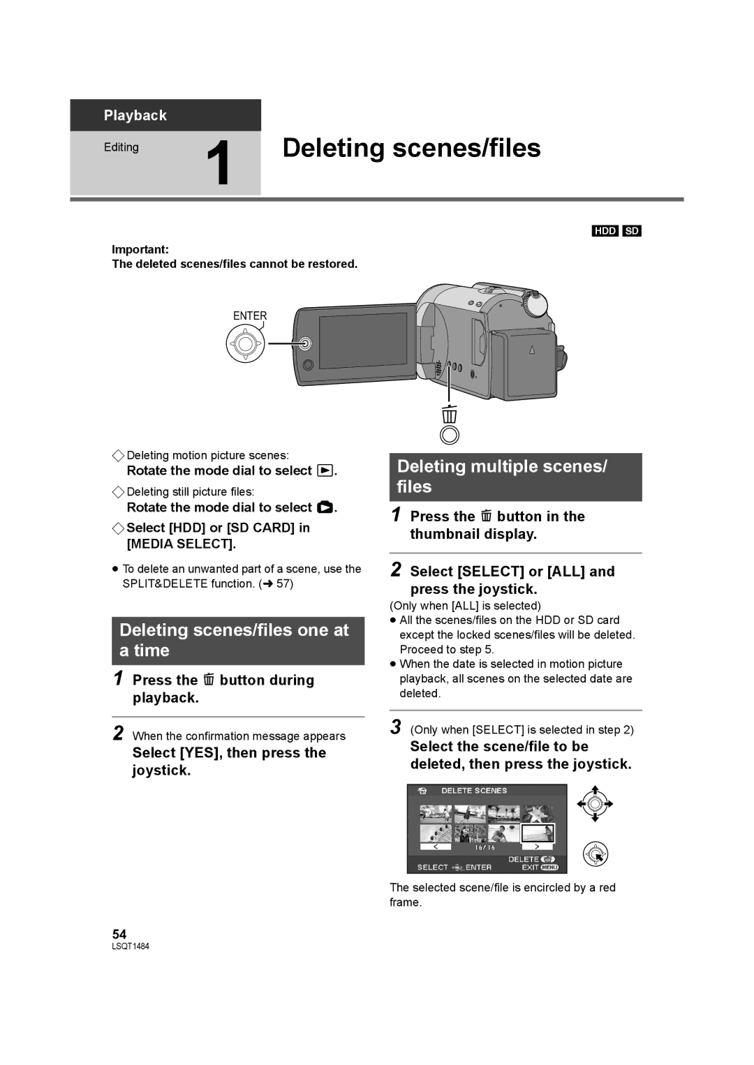 Panasonic SDR-H80 Deleting scenes/files one at Time, Deleting multiple scenes/ files, Press the button during playback 