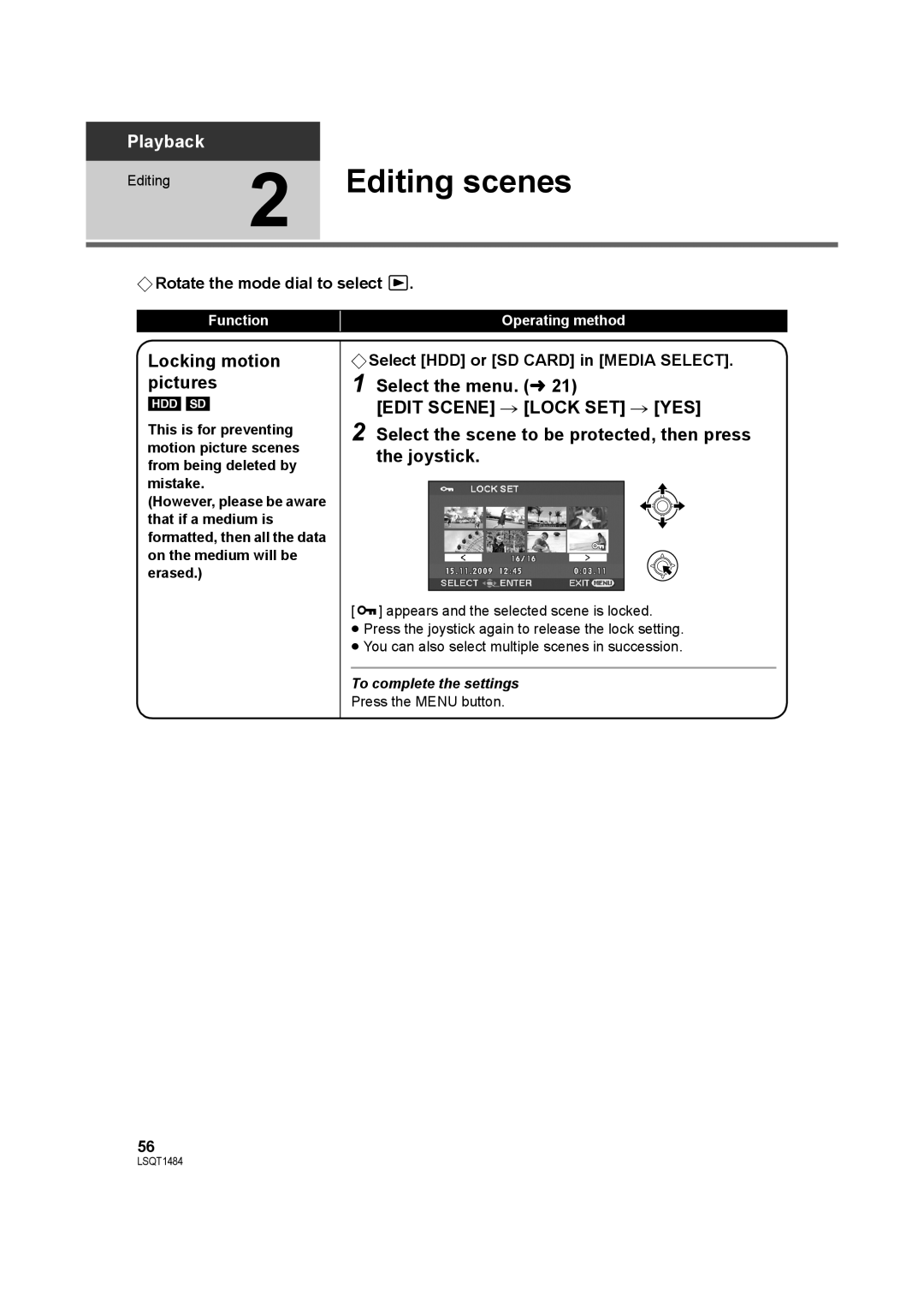 Panasonic SDR-H80 Editing scenes, Locking motion pictures, Select the scene to be protected, then press the joystick 