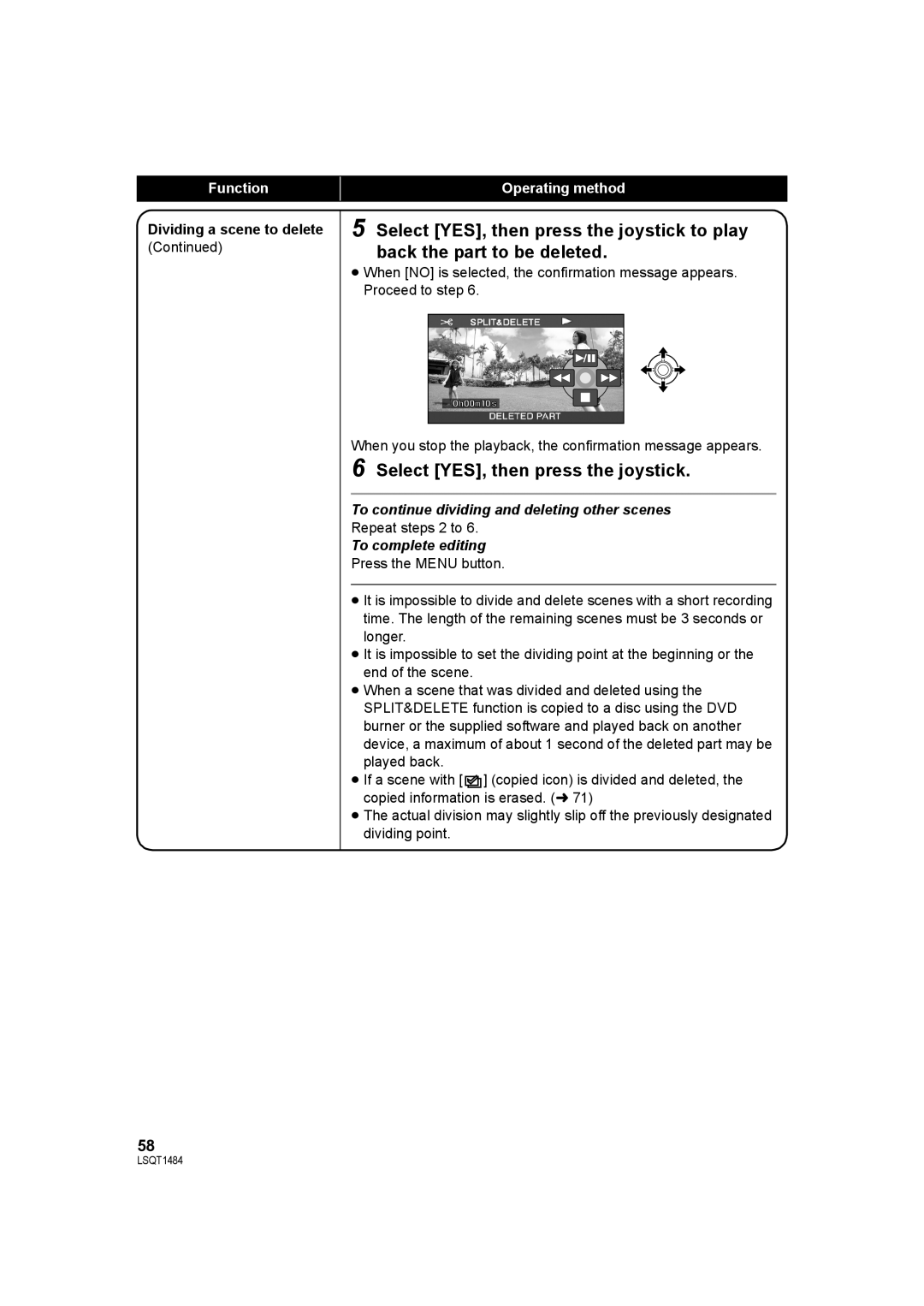 Panasonic SDR-H80 operating instructions Dividing a scene to delete, To continue dividing and deleting other scenes 