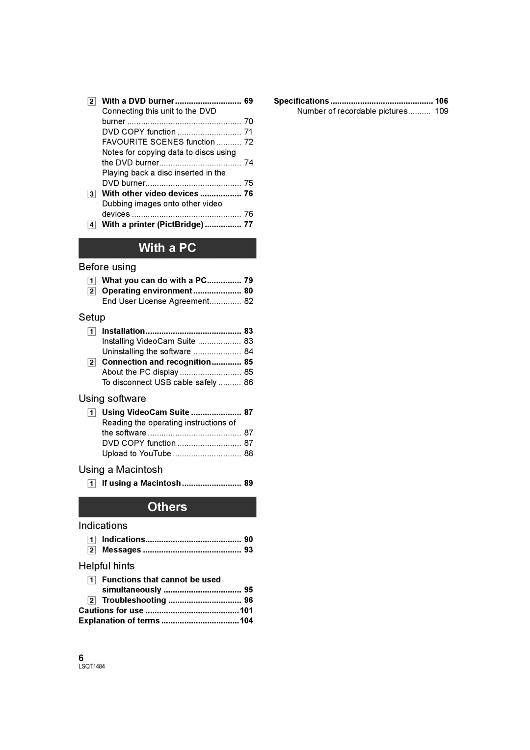 Panasonic SDR-H80 operating instructions With a PC, Others, 106, 104 