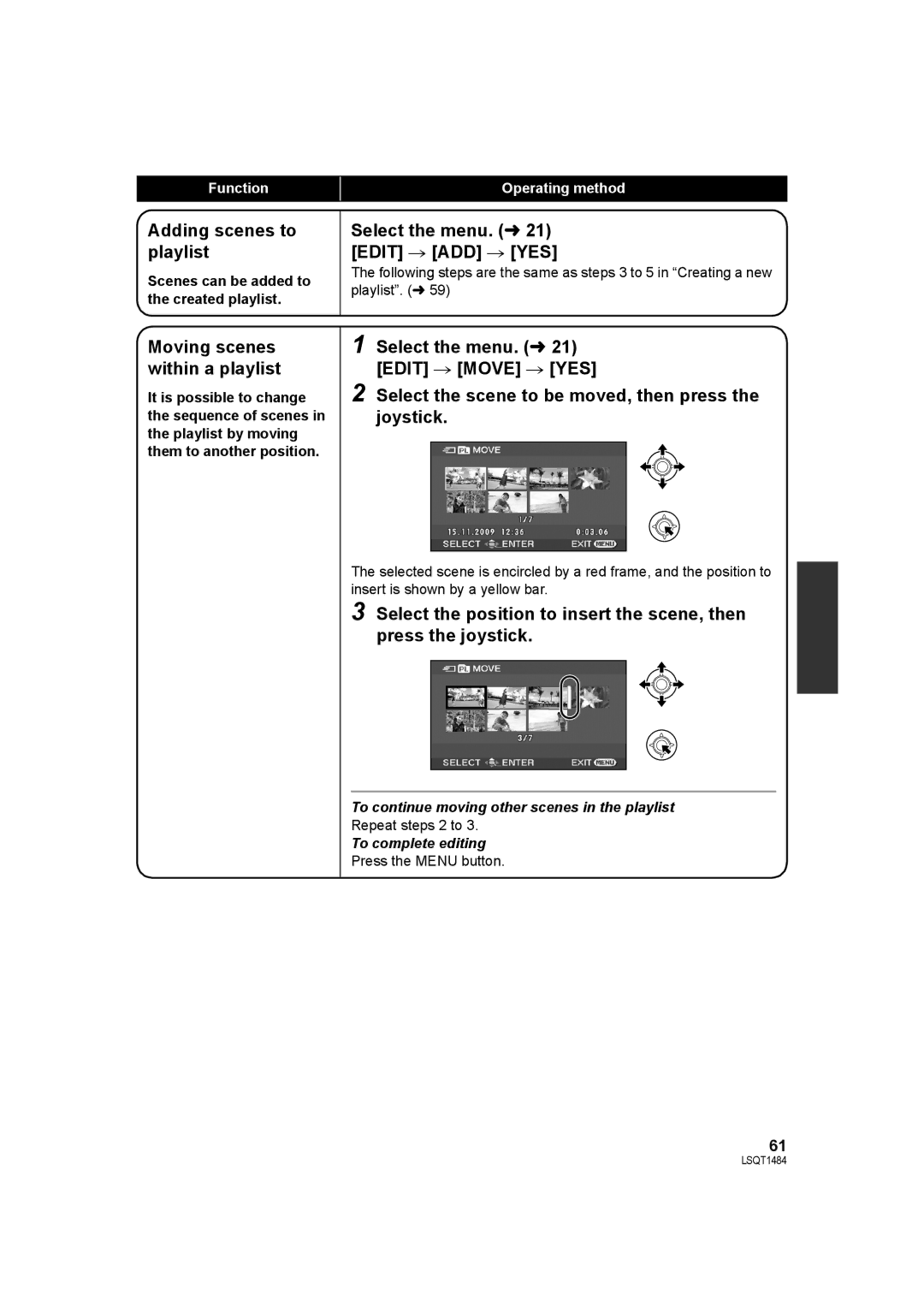 Panasonic SDR-H80 Adding scenes to playlist, Select the menu. l 21 Edit # ADD # YES, Moving scenes within a playlist 