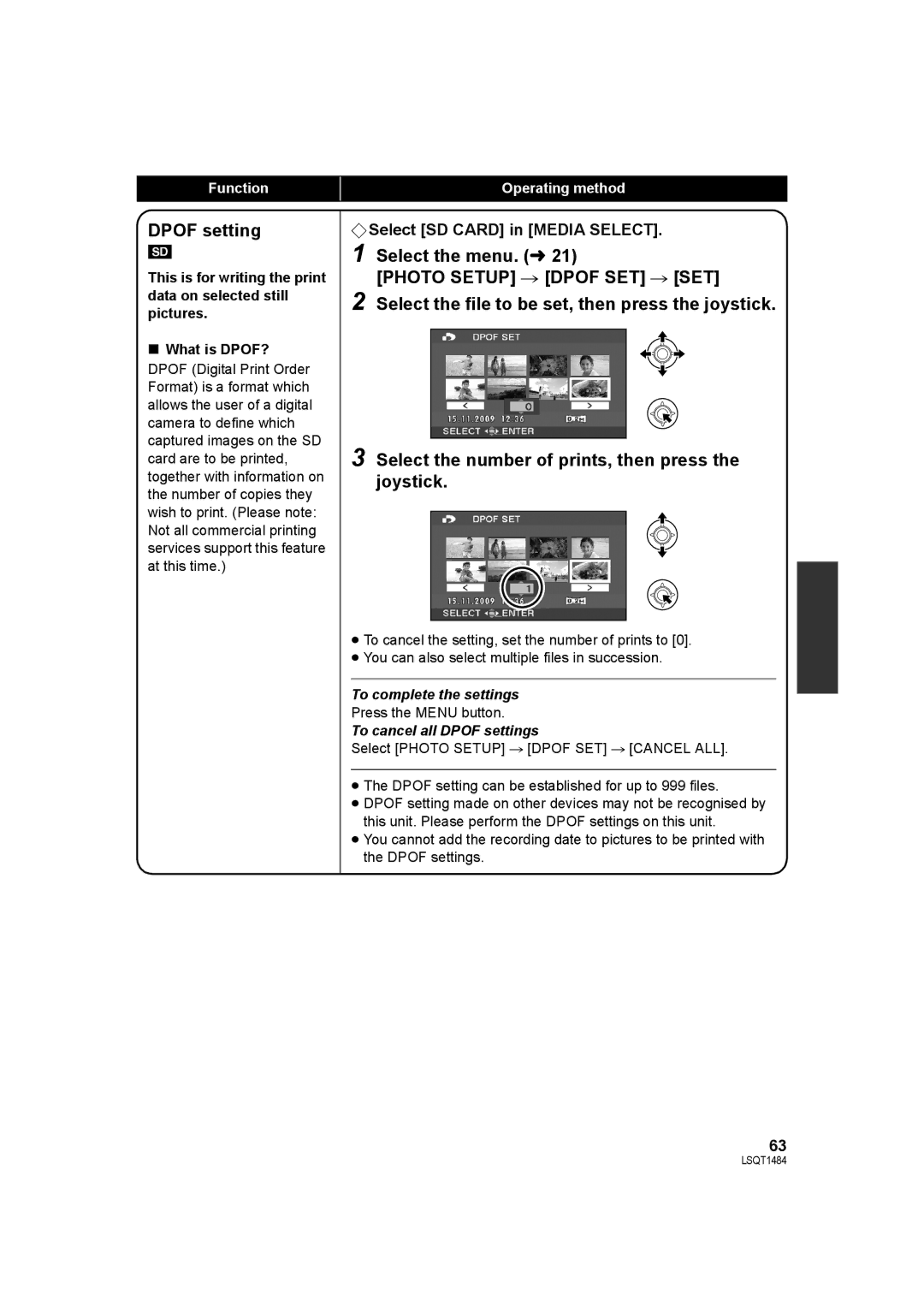 Panasonic SDR-H80 operating instructions To cancel all Dpof settings 