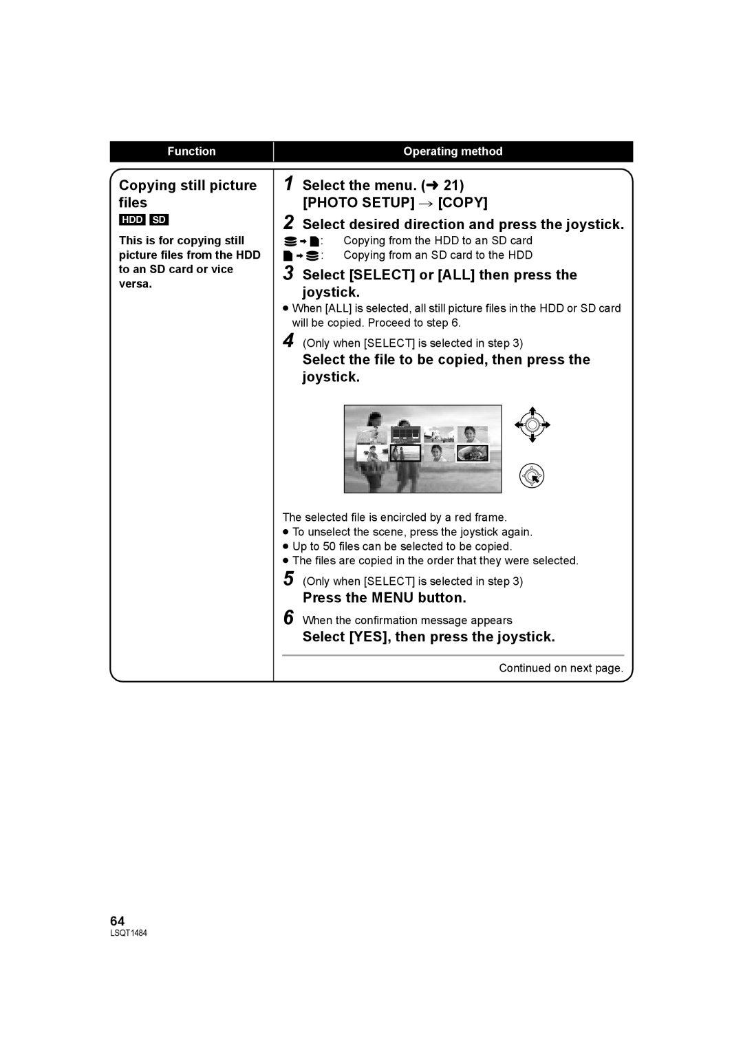 Panasonic SDR-H80 operating instructions Copying still picture files, Select Select or ALL then press the joystick 