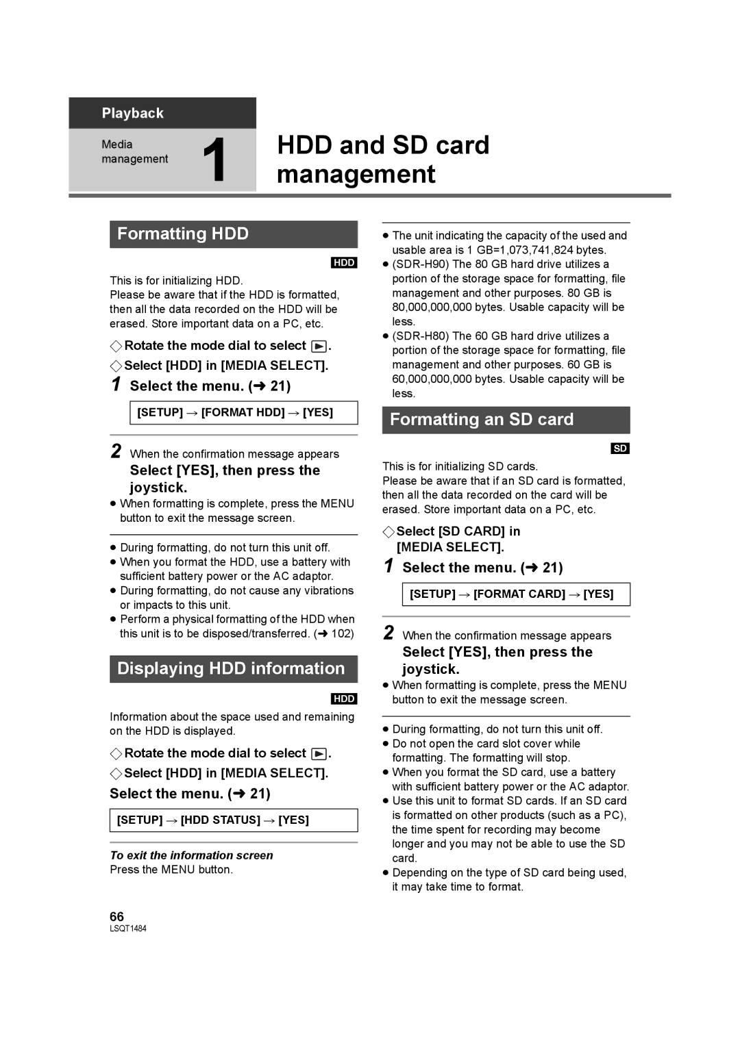 Panasonic SDR-H80 HDD and SD card, Management, Formatting HDD, Displaying HDD information, Formatting an SD card 