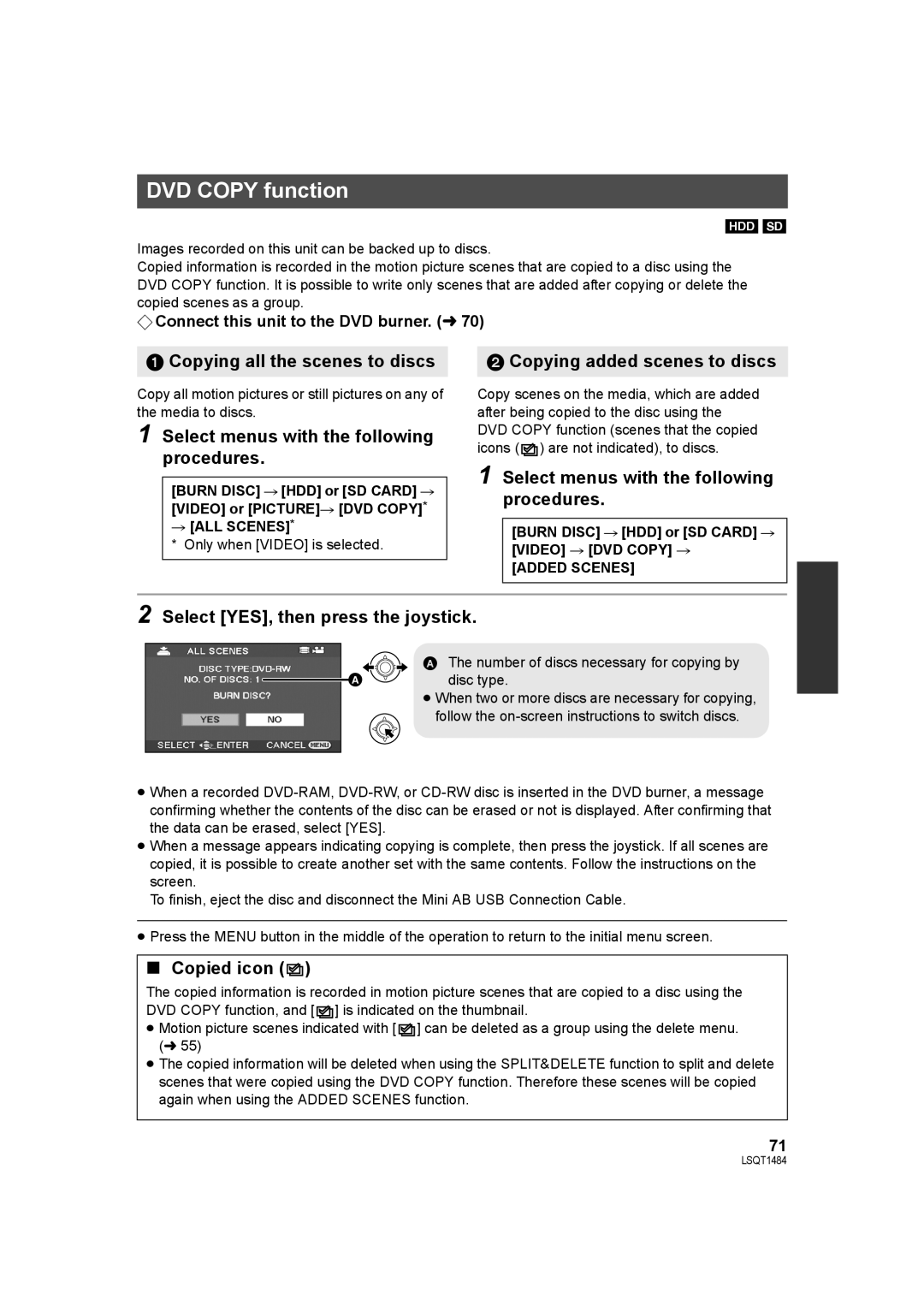 Panasonic SDR-H80 DVD Copy function, Copying all the scenes to discs, Select menus with the following procedures 