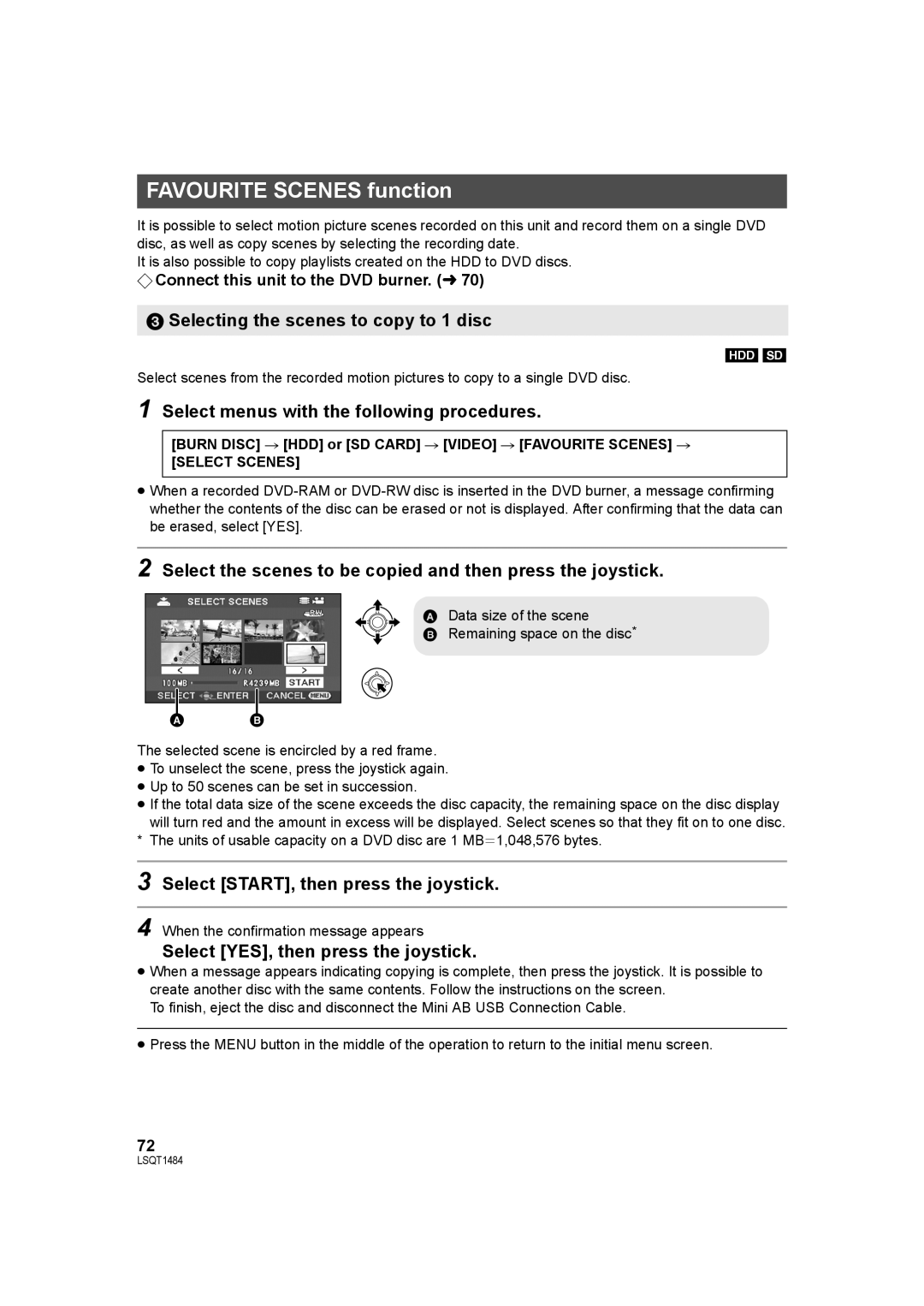 Panasonic SDR-H80 Favourite Scenes function, Selecting the scenes to copy to 1 disc, Select START, then press the joystick 