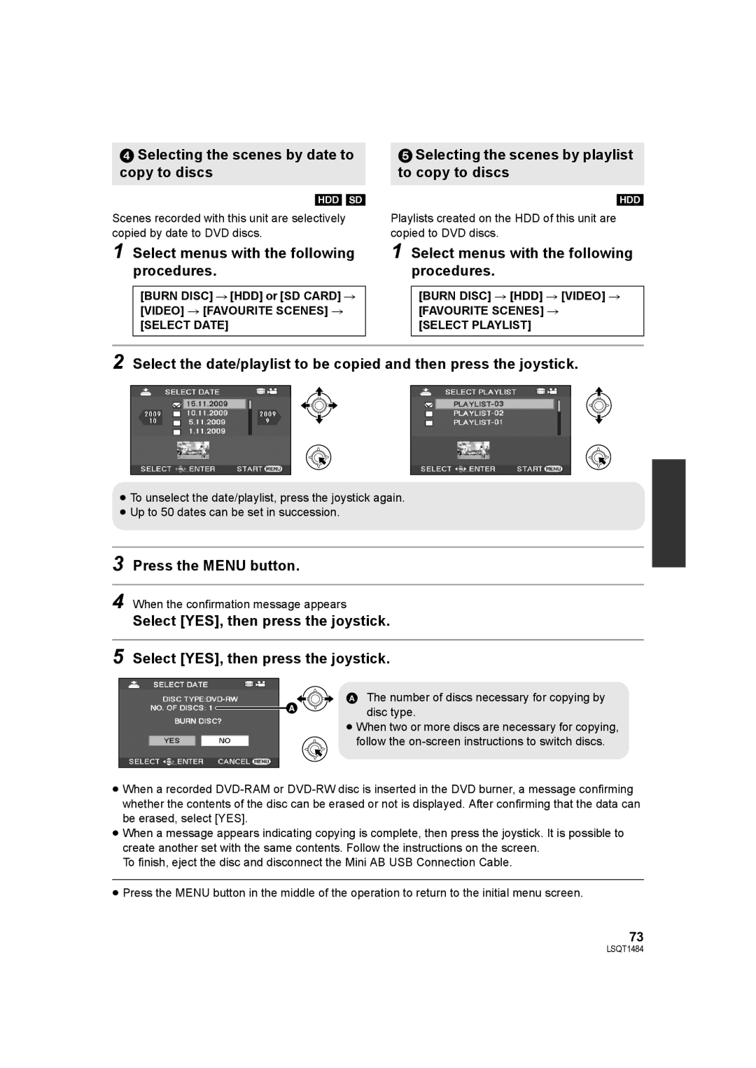 Panasonic SDR-H80 Selecting the scenes by date to copy to discs, Selecting the scenes by playlist to copy to discs 