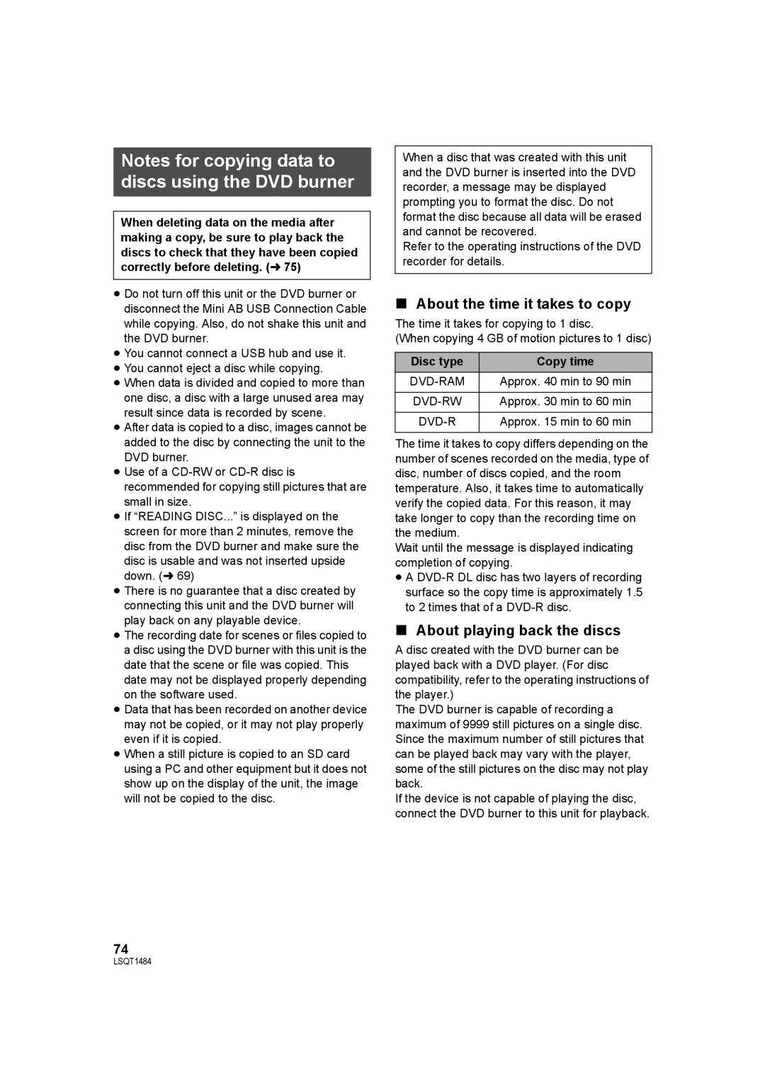 Panasonic SDR-H80 operating instructions About the time it takes to copy, About playing back the discs, Disc type Copy time 