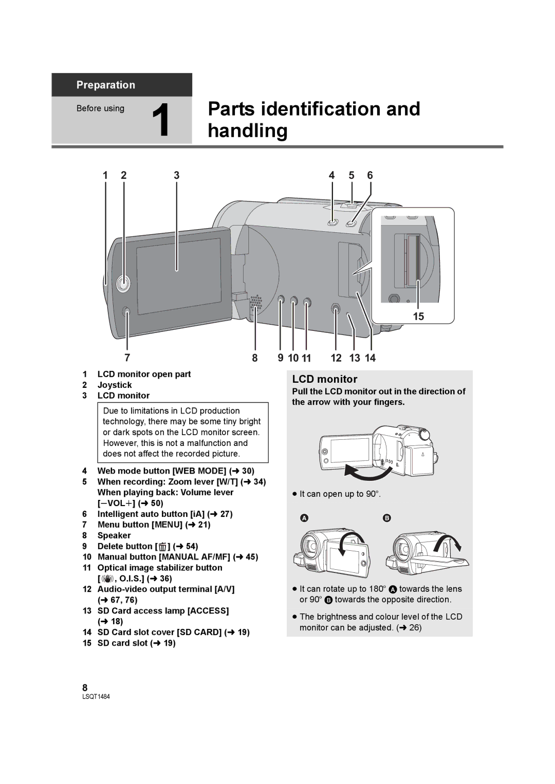 Panasonic SDR-H80 operating instructions Parts identification, Handling, LCD monitor 