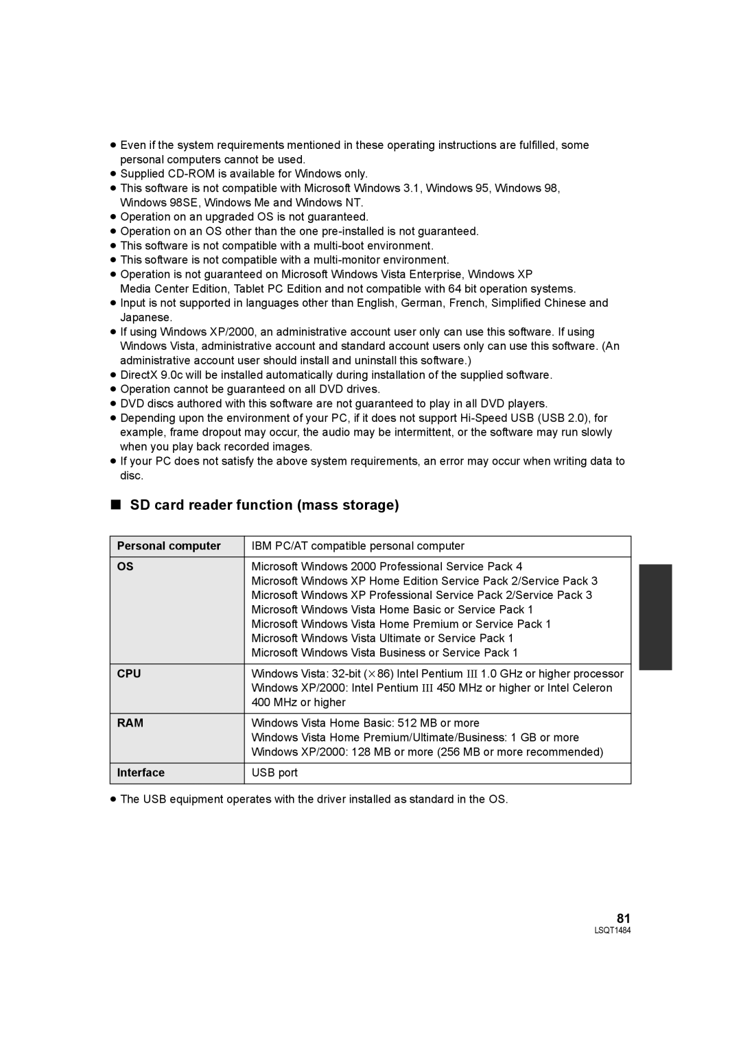 Panasonic SDR-H80 operating instructions SD card reader function mass storage 