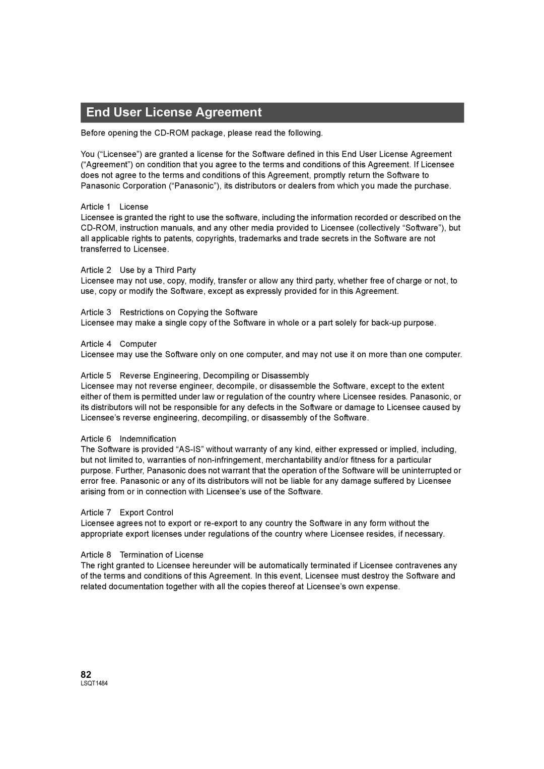 Panasonic SDR-H80 operating instructions End User License Agreement, Article 8 Termination of License 