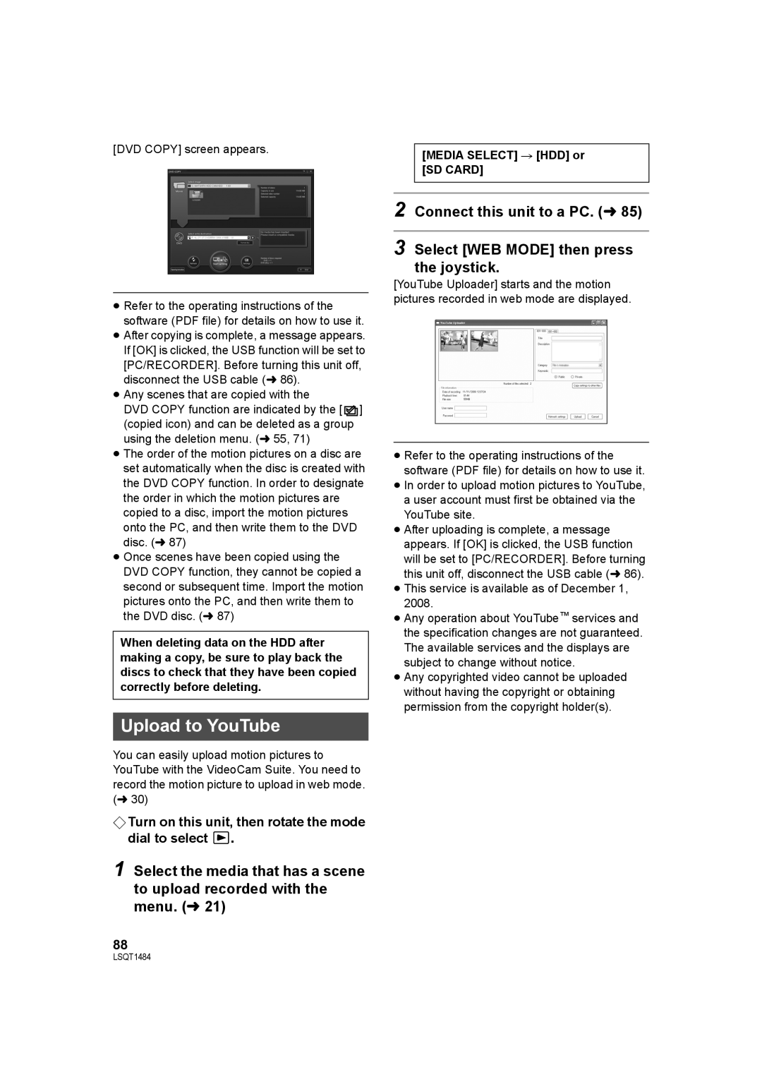 Panasonic SDR-H80 operating instructions Upload to YouTube, Media Select # HDD or SD Card 