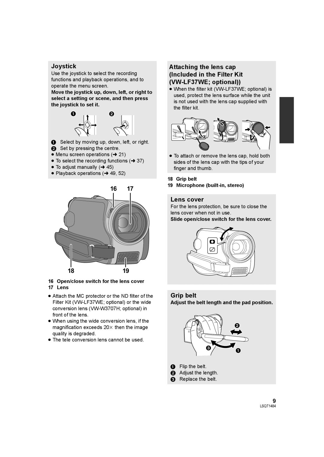 Panasonic SDR-H80 operating instructions Joystick, Lens cover, 1819, Grip belt 