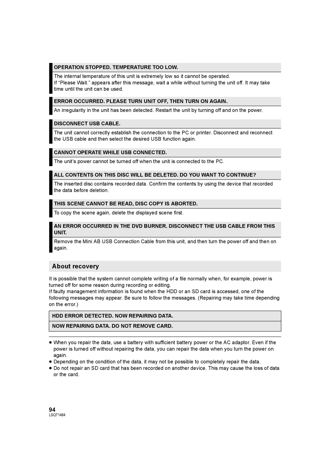 Panasonic SDR-H80 operating instructions About recovery 