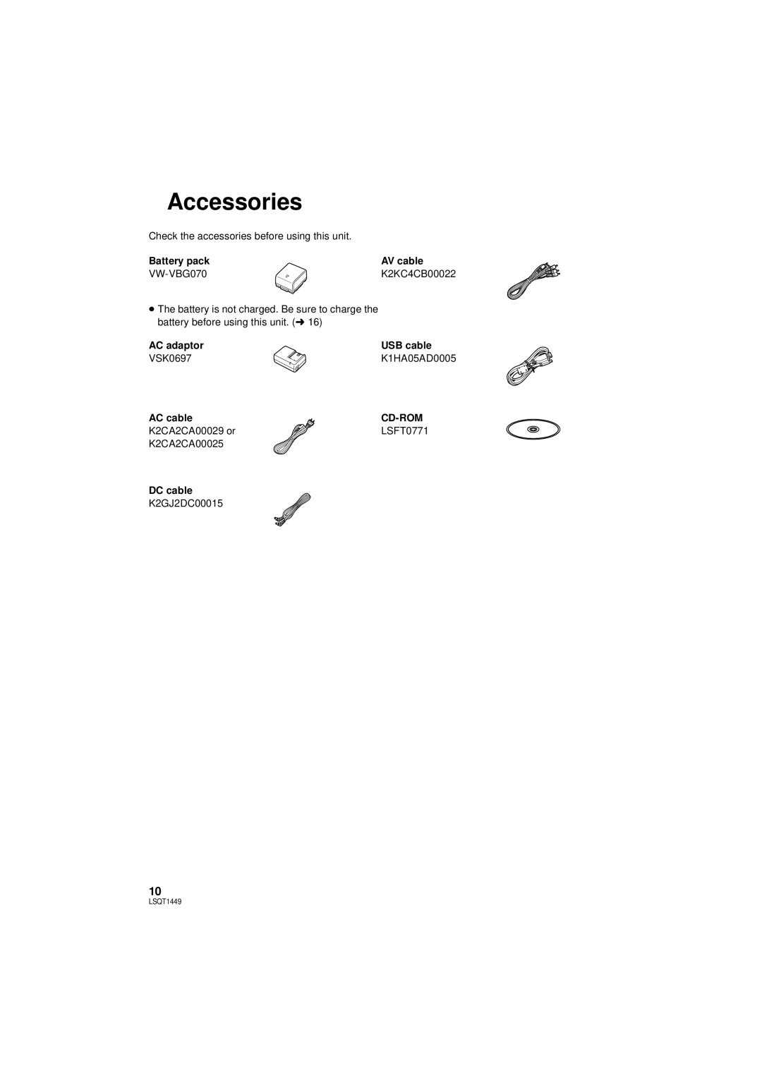 Panasonic SDR-H90PC, SDR-H80PC operating instructions Accessories, VW-VBG070, Cd-Rom 