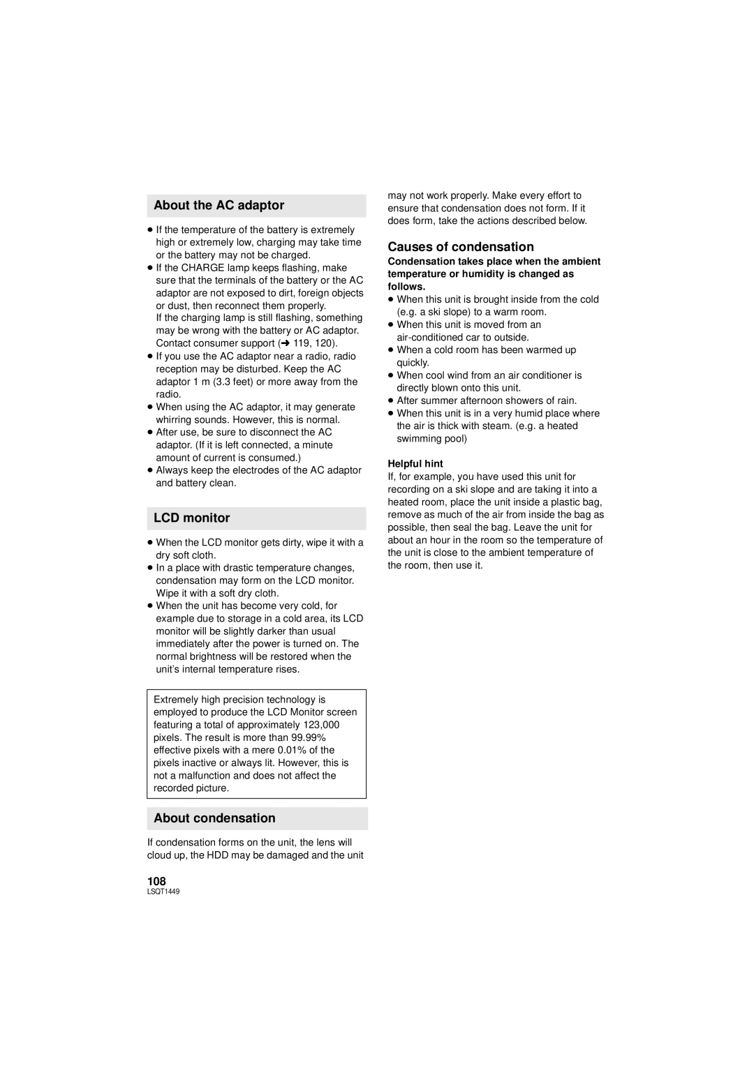 Panasonic SDR-H90PC, SDR-H80PC About the AC adaptor, About condensation, Causes of condensation, Helpful hint 