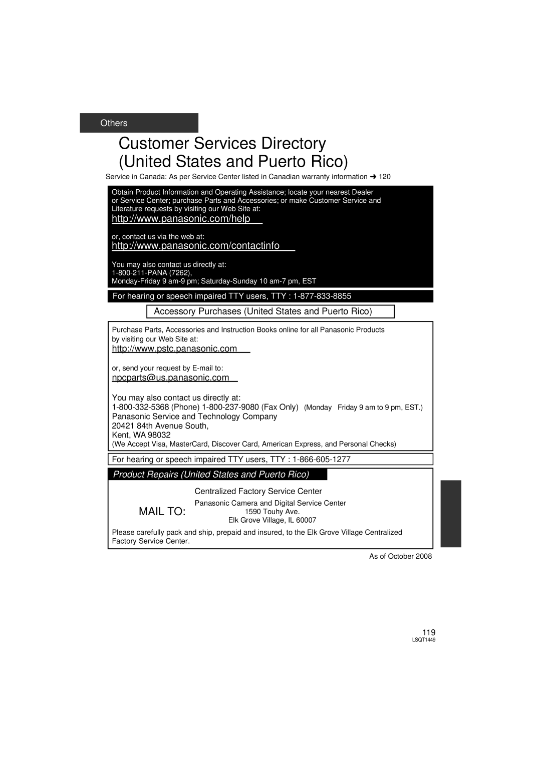 Panasonic SDR-H80PC, SDR-H90PC operating instructions Customer Services Directory United States and Puerto Rico 