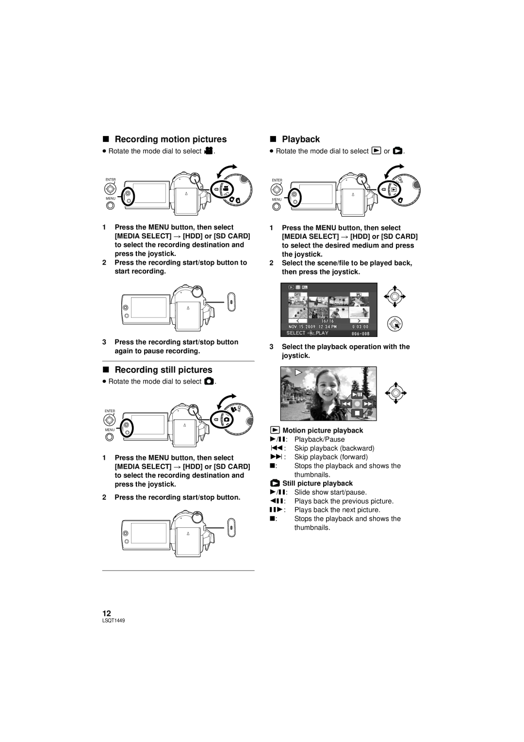 Panasonic SDR-H90PC, SDR-H80P Recording motion pictures Playback, Recording still pictures, Still picture playback 