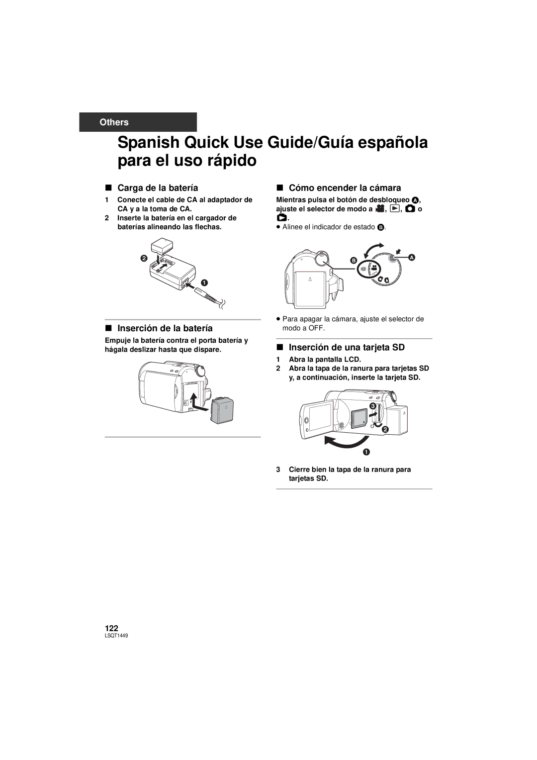 Panasonic SDR-H80P Spanish Quick Use Guide/Guía española para el uso rápido, Carga de la batería, Inserción de la batería 