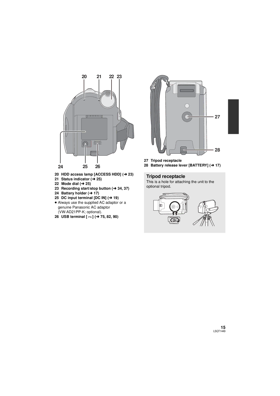 Panasonic SDR-H80PC, SDR-H90PC operating instructions Tripod receptacle 