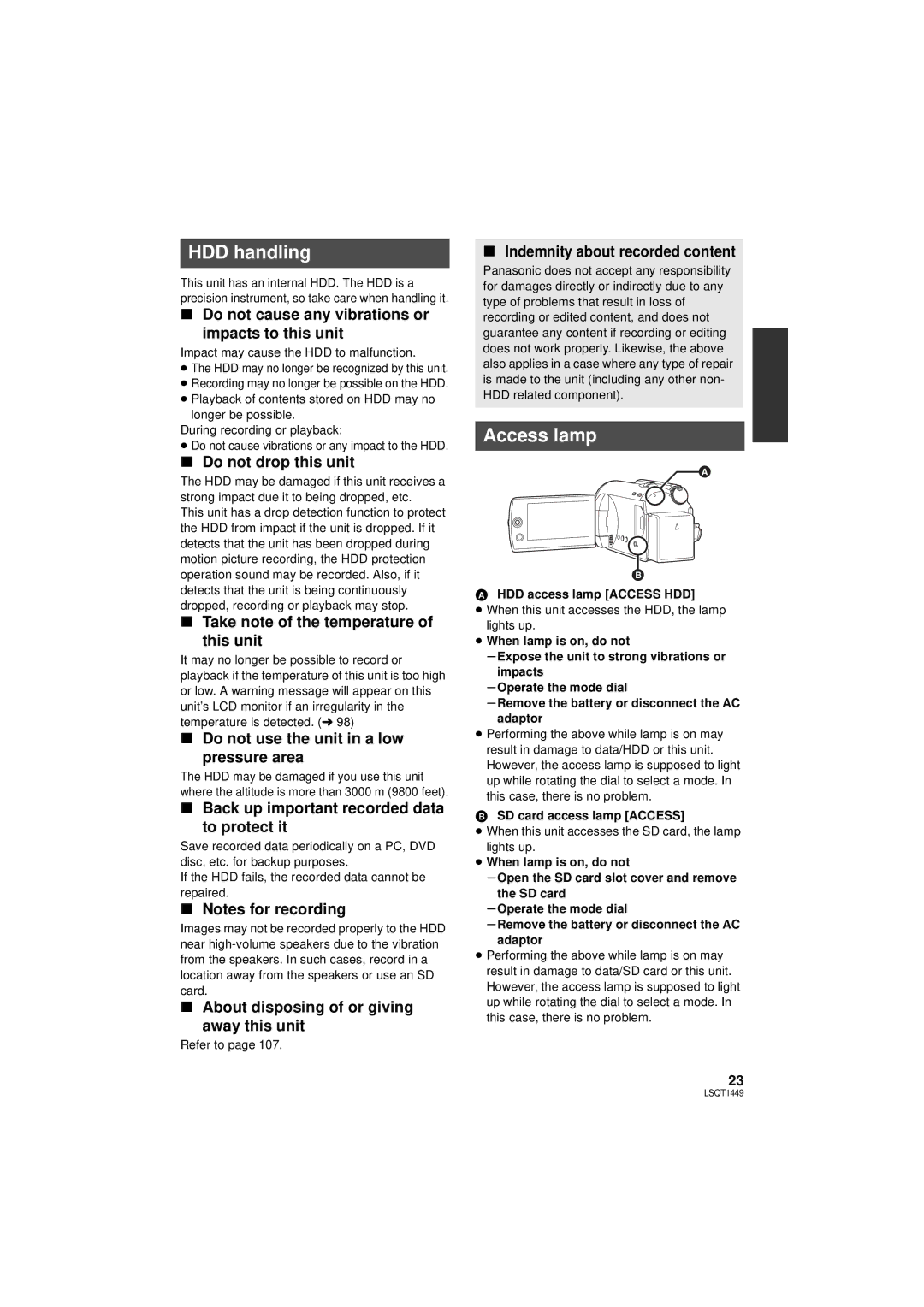 Panasonic SDR-H80PC, SDR-H90PC operating instructions HDD handling, Access lamp 