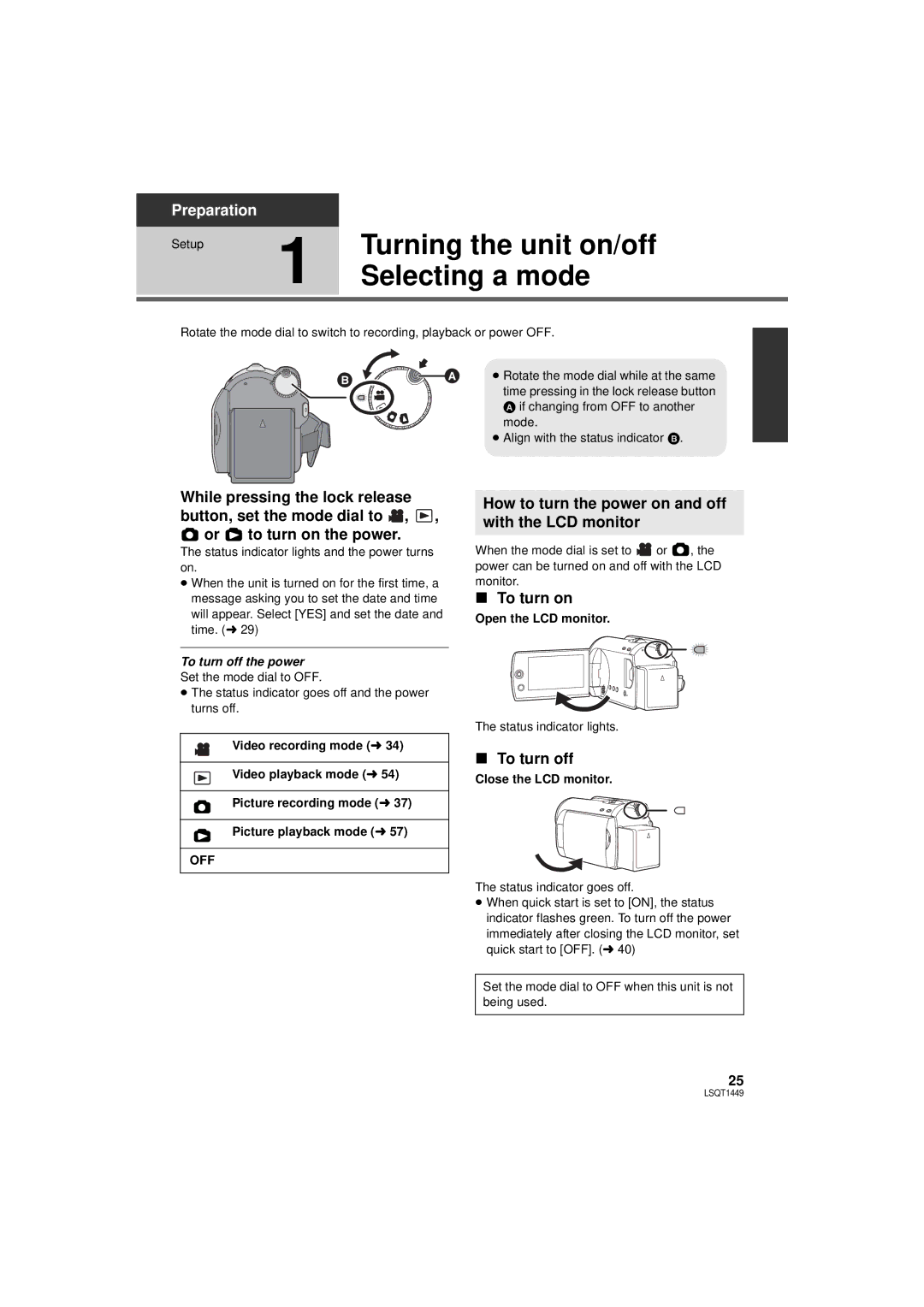 Panasonic SDR-H90PC Turning the unit on/off, Selecting a mode, How to turn the power on and off with the LCD monitor 