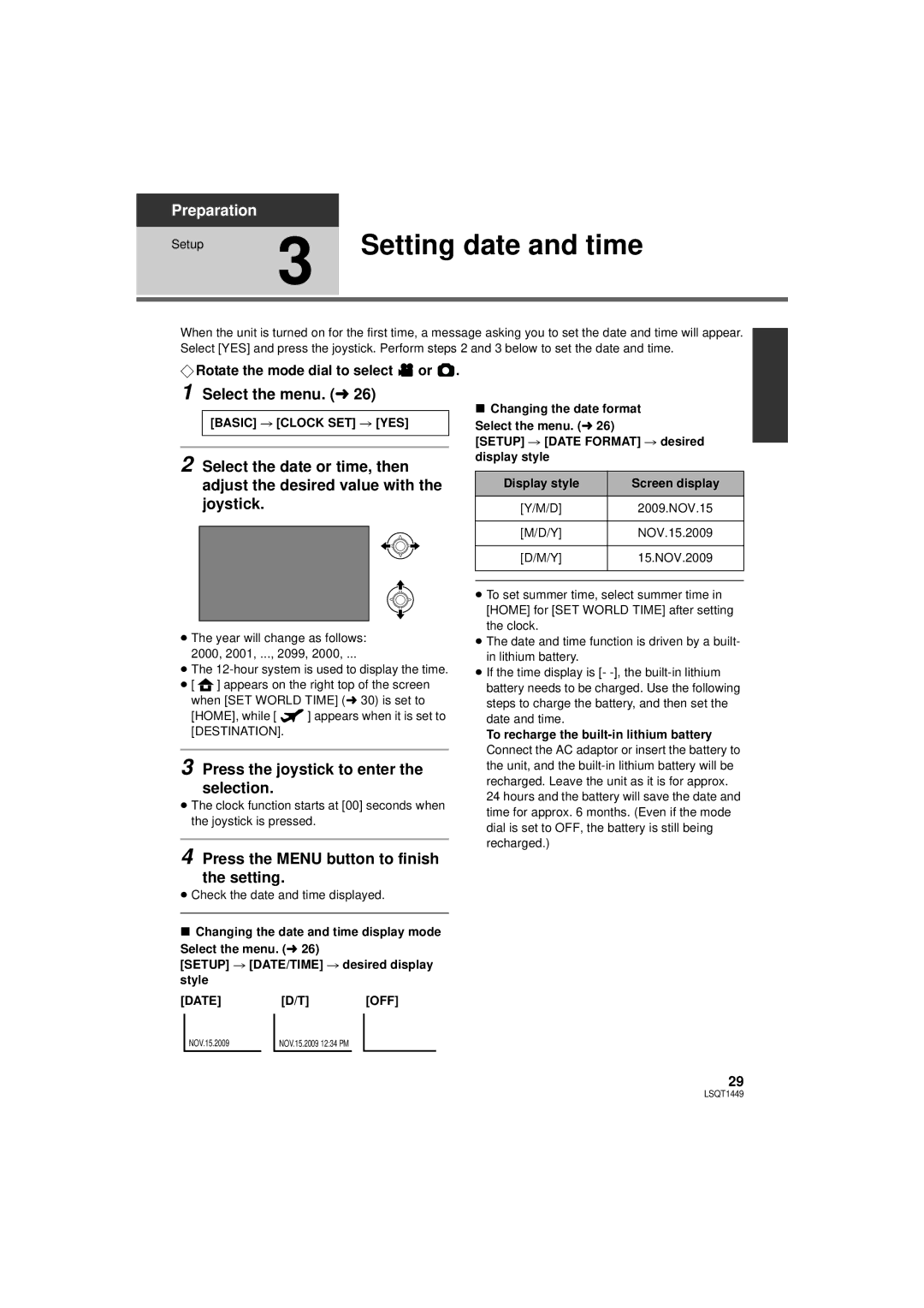 Panasonic SDR-H90PC, SDR-H80P Setting date and time, Select the menu. l, Press the joystick to enter the selection 