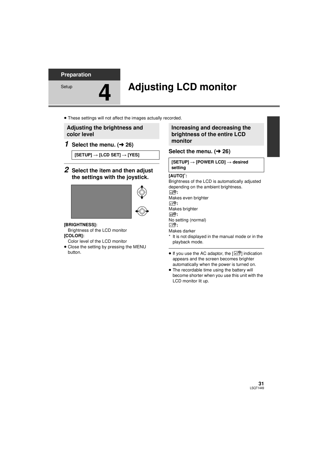 Panasonic SDR-H80PC Adjusting LCD monitor, Adjusting the brightness and color level Select the menu. l, Brightness, Color 