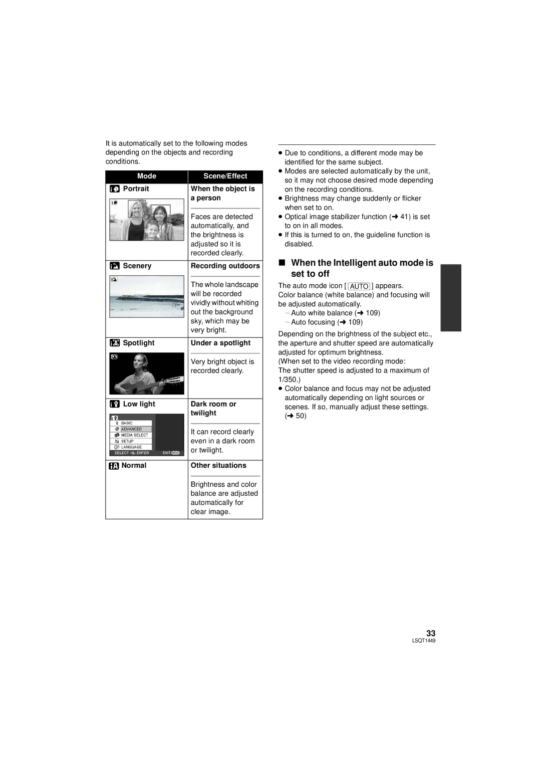 Panasonic SDR-H90PC, SDR-H80PC operating instructions When the Intelligent auto mode is set to off, Mode Scene/Effect 