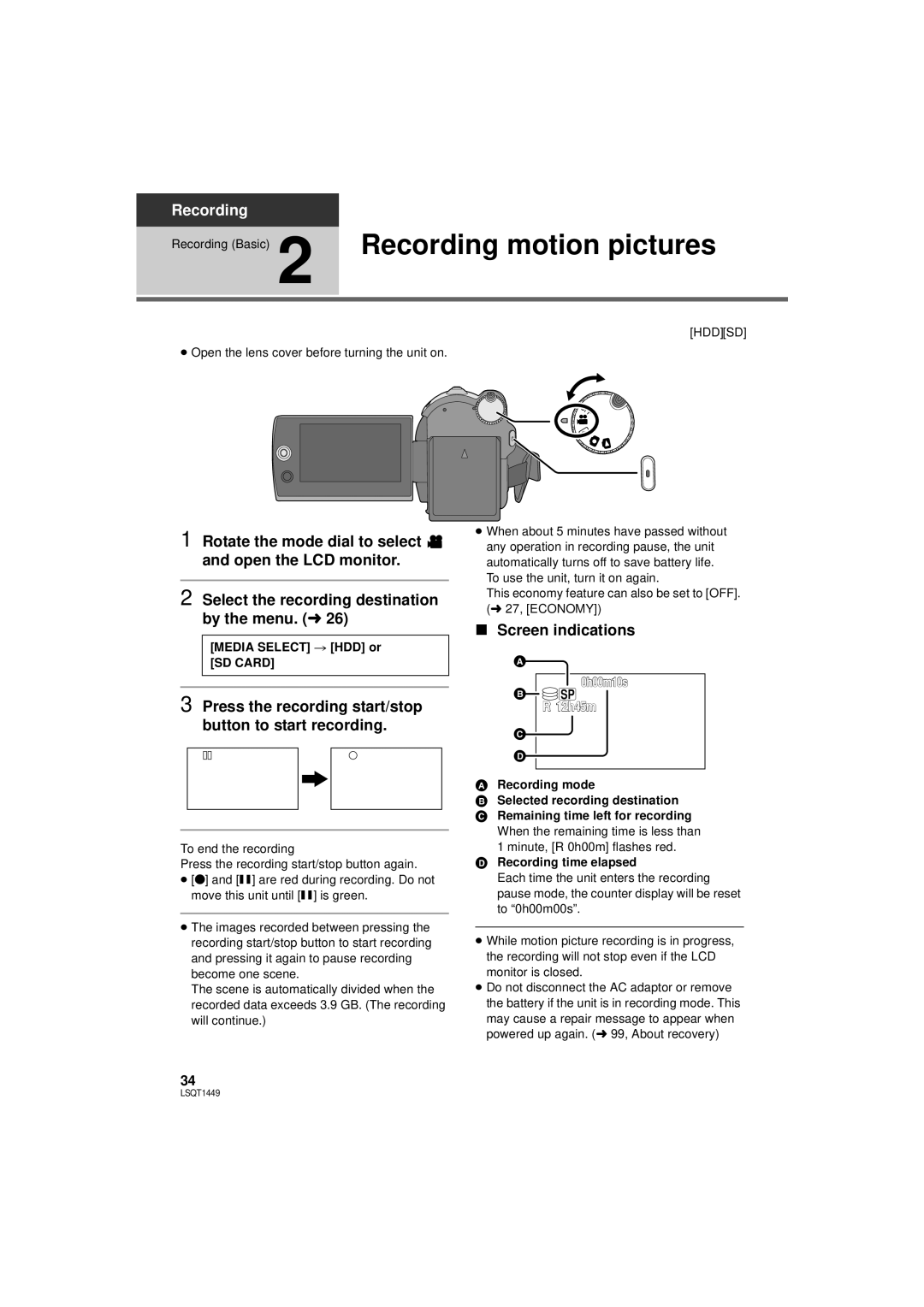 Panasonic SDR-H80P Recording motion pictures, Press the recording start/stop button to start recording, Screen indications 