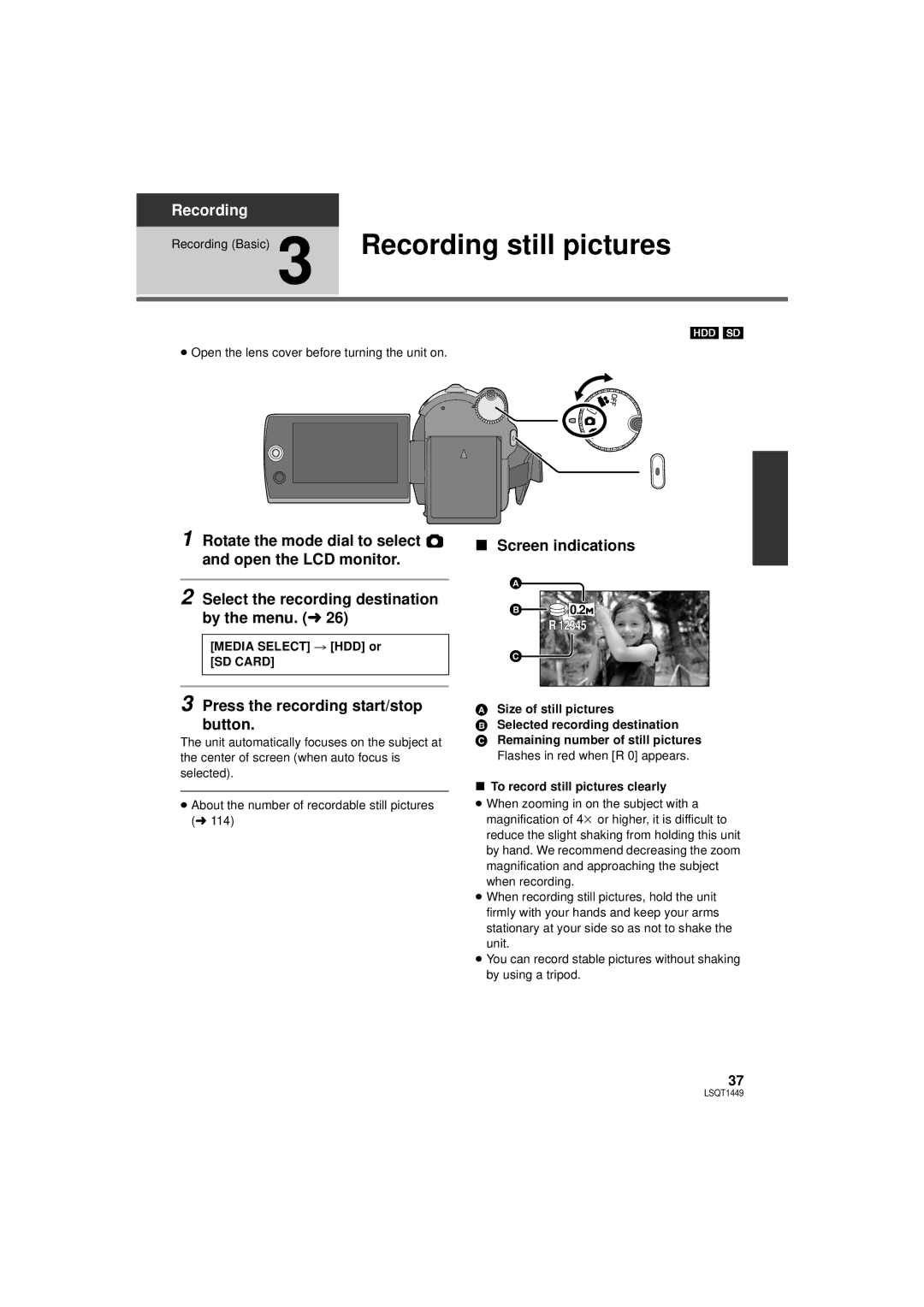 Panasonic SDR-H90PC, SDR-H80PC Recording still pictures, Press the recording start/stop button, 12345 