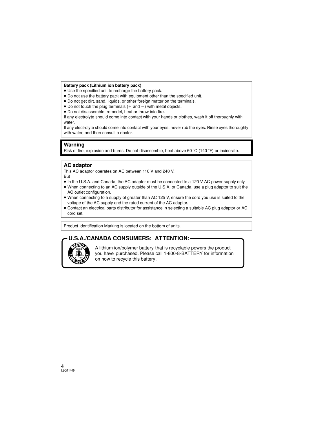 Panasonic SDR-H90PC, SDR-H80PC operating instructions AC adaptor, Battery pack Lithium ion battery pack 