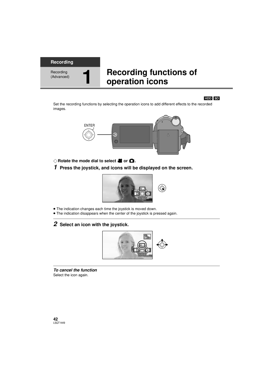 Panasonic SDR-H90PC, SDR-H80PC Recording functions, Operation icons, Select an icon with the joystick, Enter 