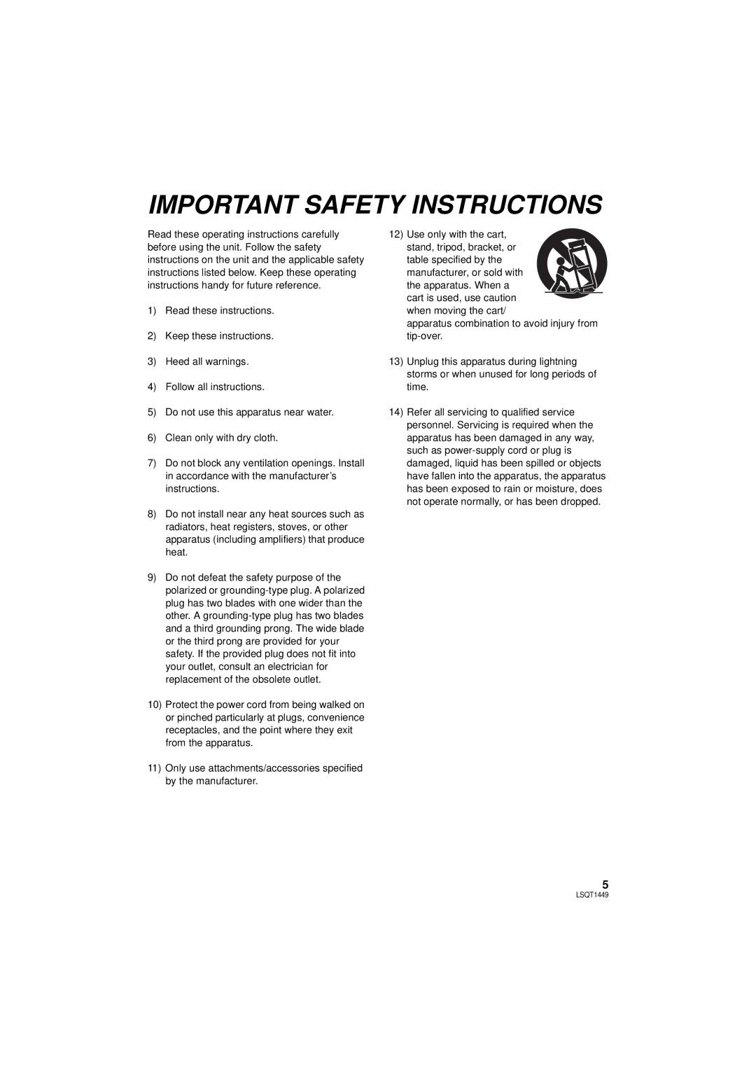 Panasonic SDR-H90PC, SDR-H80PC operating instructions Important Safety Instructions 