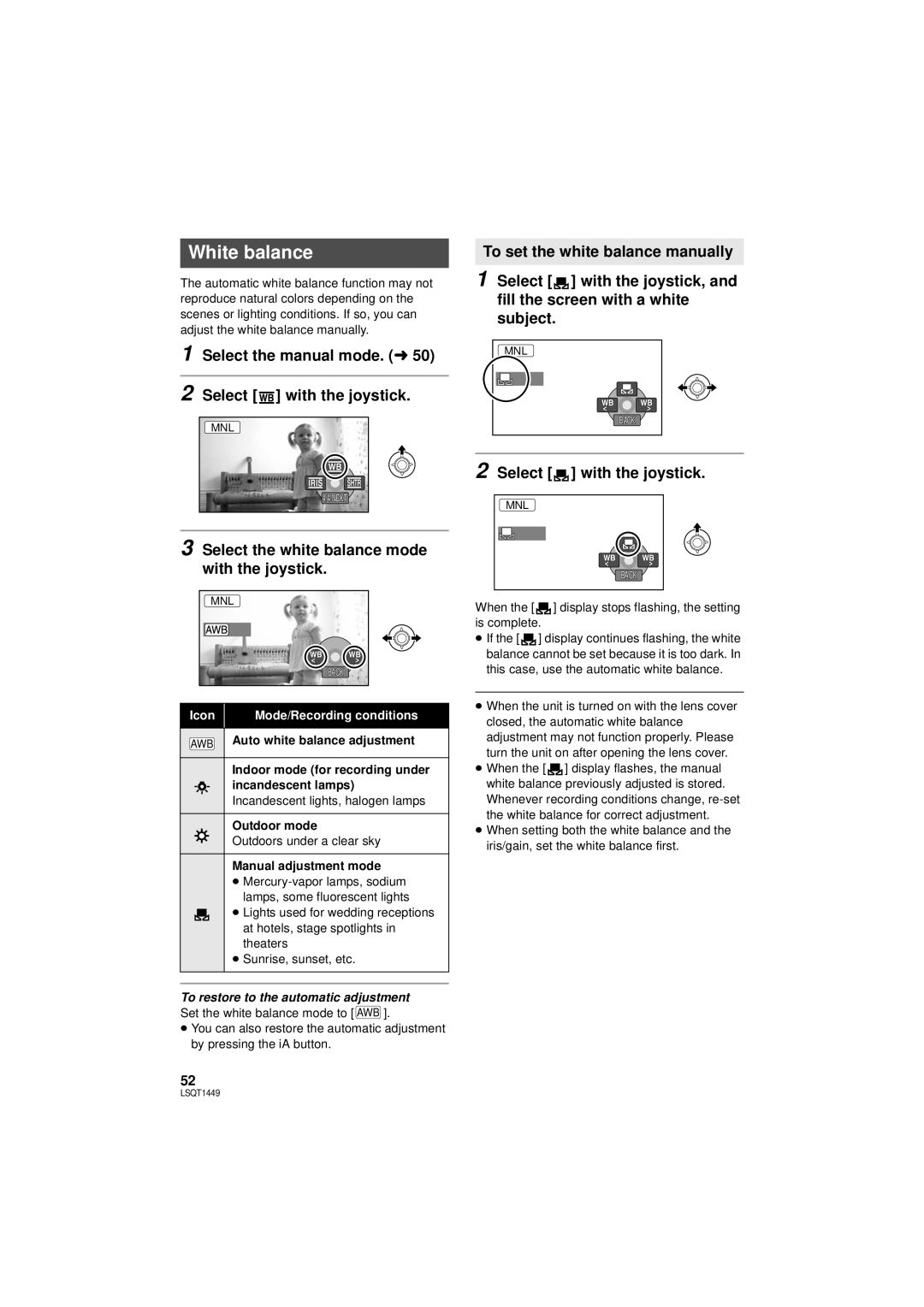 Panasonic SDR-H90P White balance, Select the manual mode. l Select with the joystick, Auto white balance adjustment 