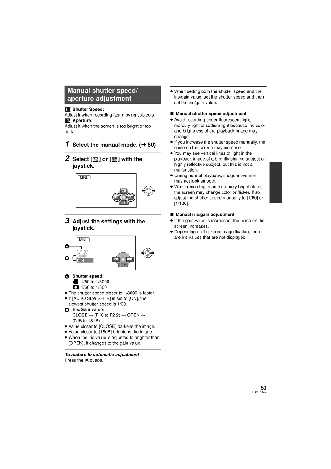 Panasonic SDR-H90PC, SDR-H80P Manual shutter speed/ aperture adjustment, Select the manual mode. l Select or with Joystick 