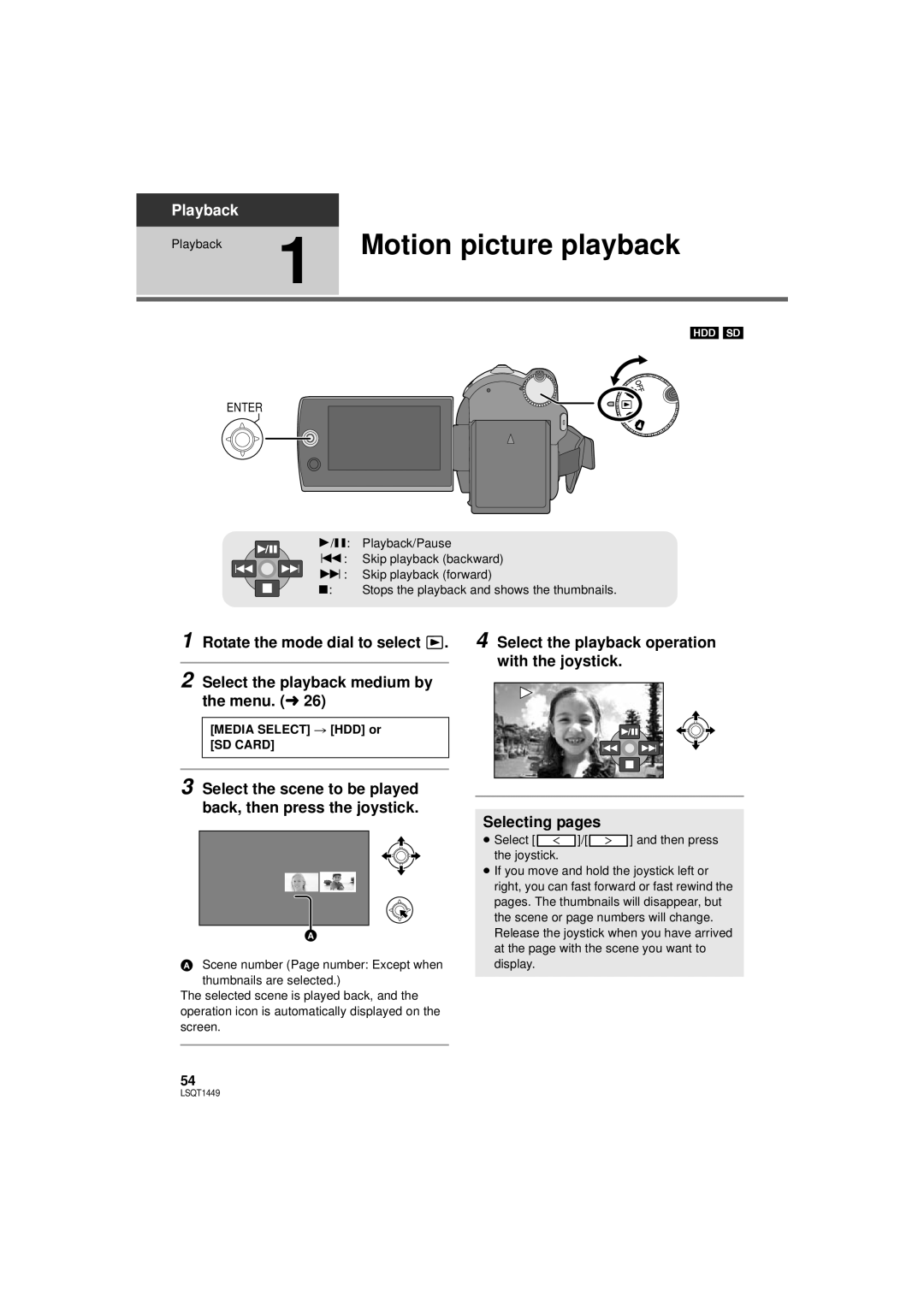 Panasonic SDR-H80P, SDR-H90P Motion picture playback, Select the scene to be played back, then press the joystick 