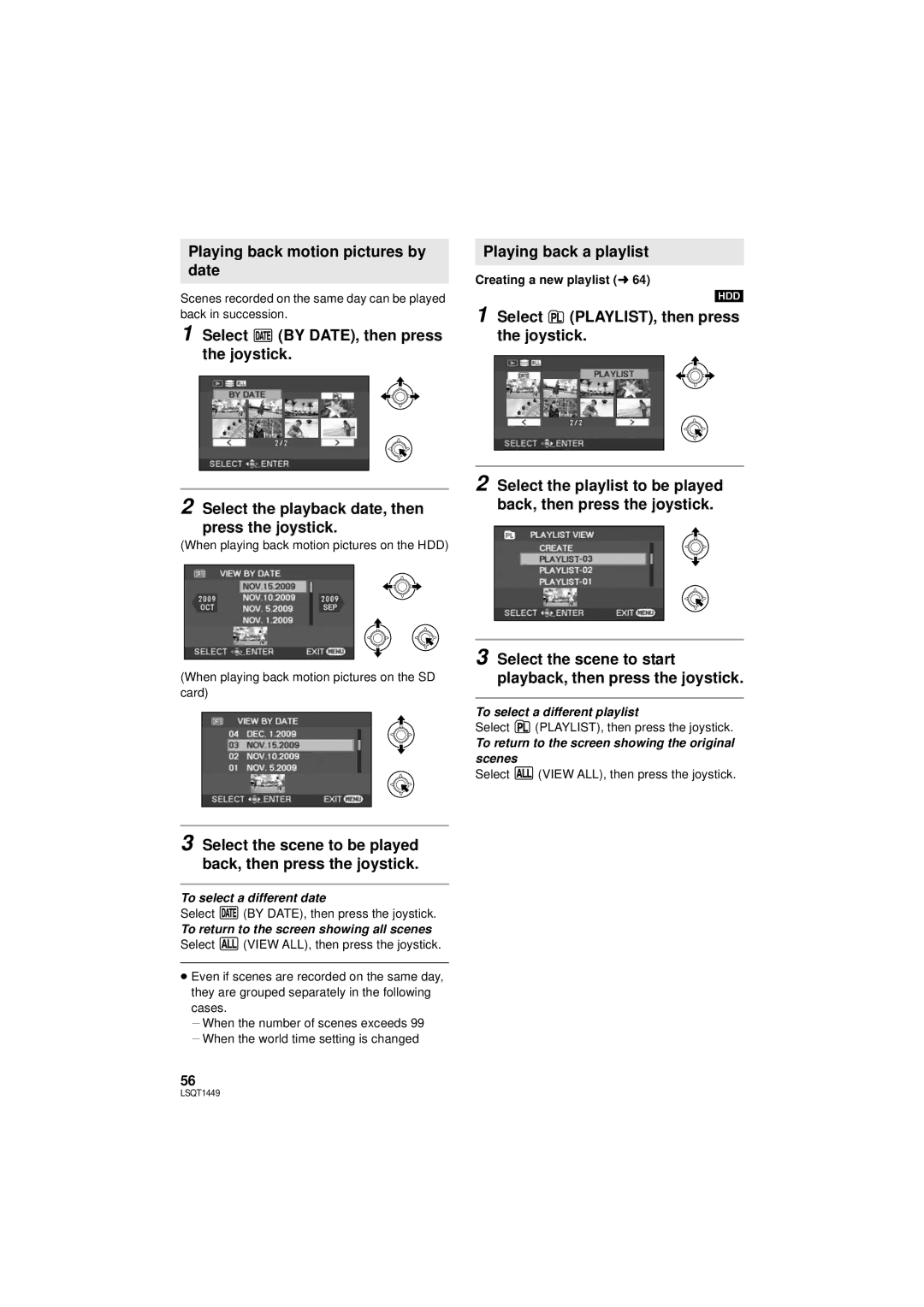 Panasonic SDR-H90PC, SDR-H80PC operating instructions Playing back motion pictures by date, Playing back a playlist 